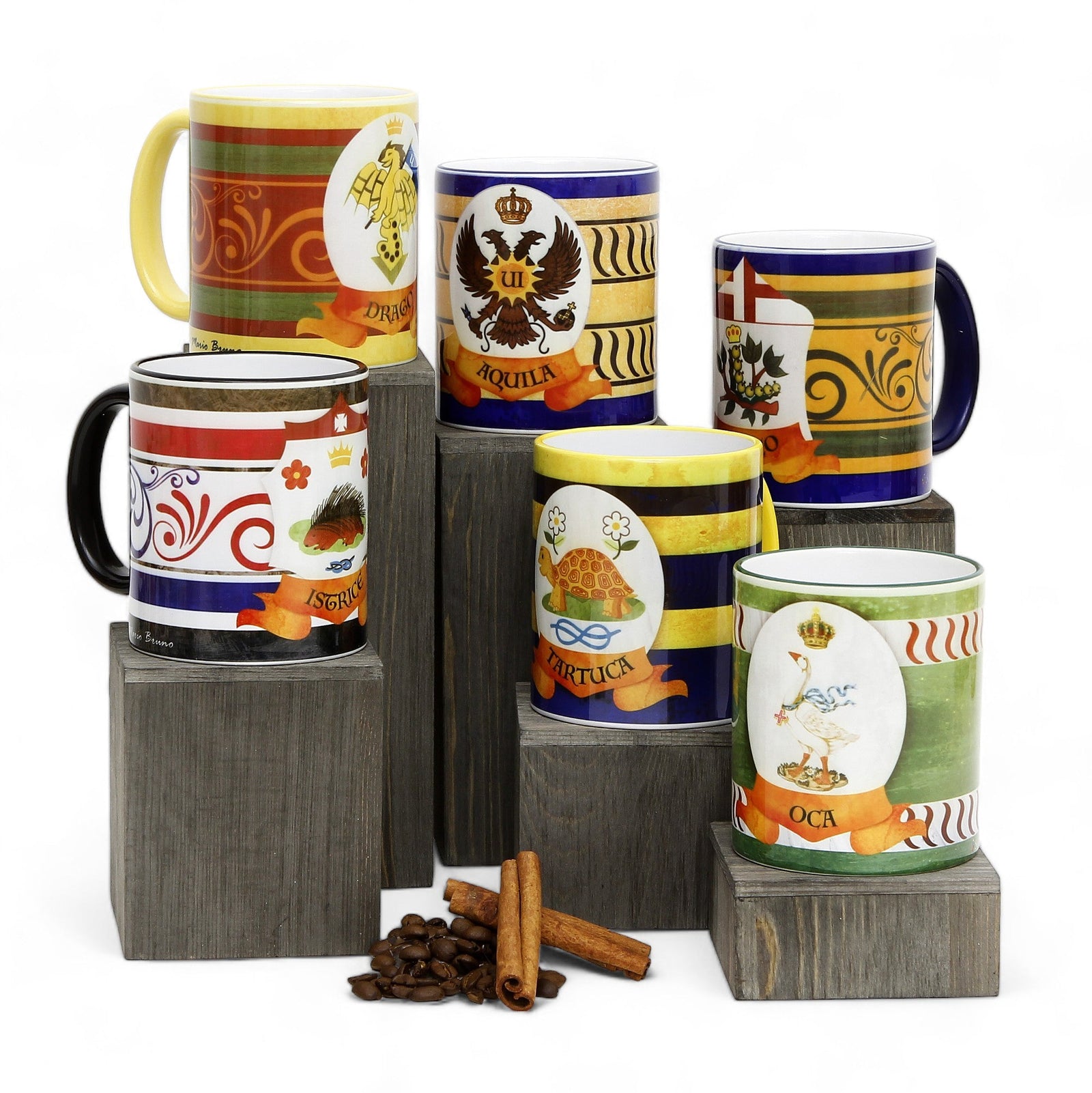 PALIO DI SIENA: Porcelain printed mug Set of 6 bundle: ISTRICE+DRAGO+AQUILA+BRUCO+TARTUCA+OCA