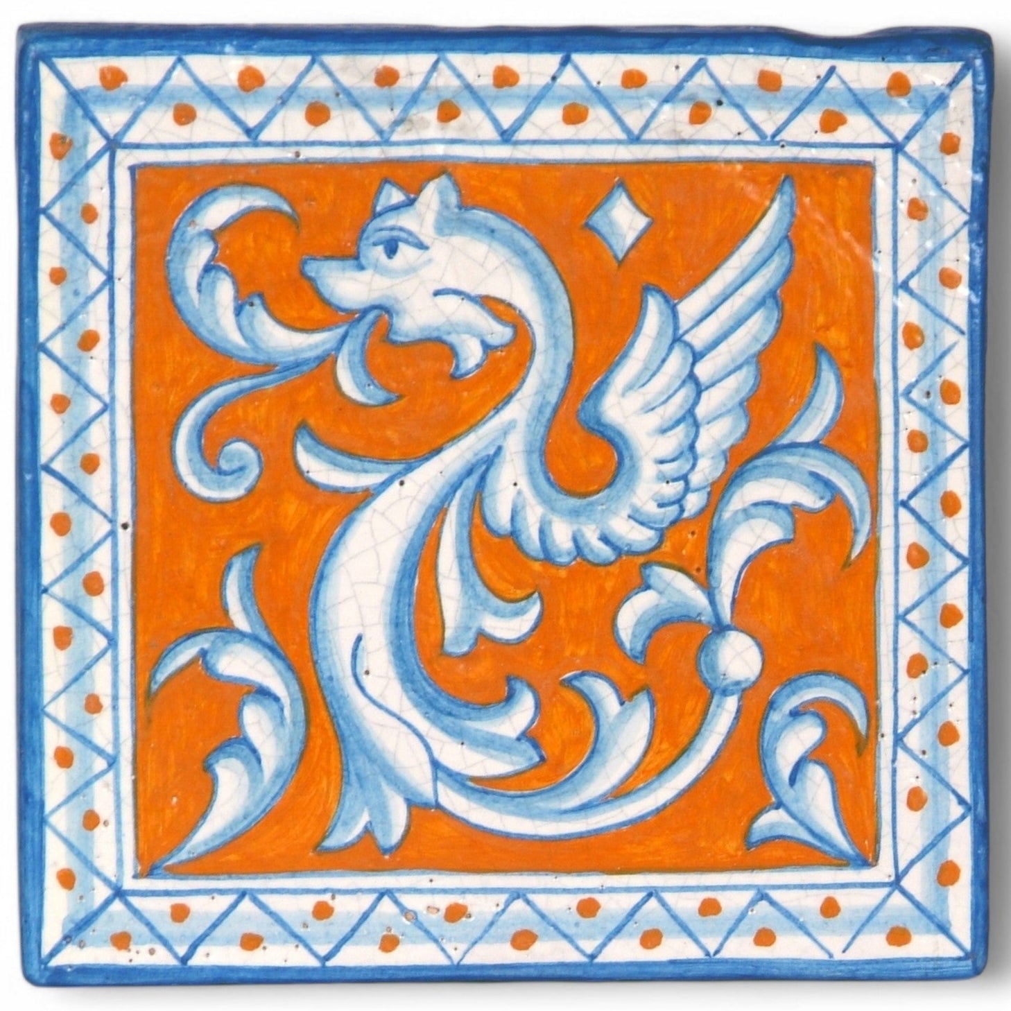ANTICA DERUTA: Hand Painted Ceramic Authentic Deruta Tile Raffaellesco Fondo Arancio