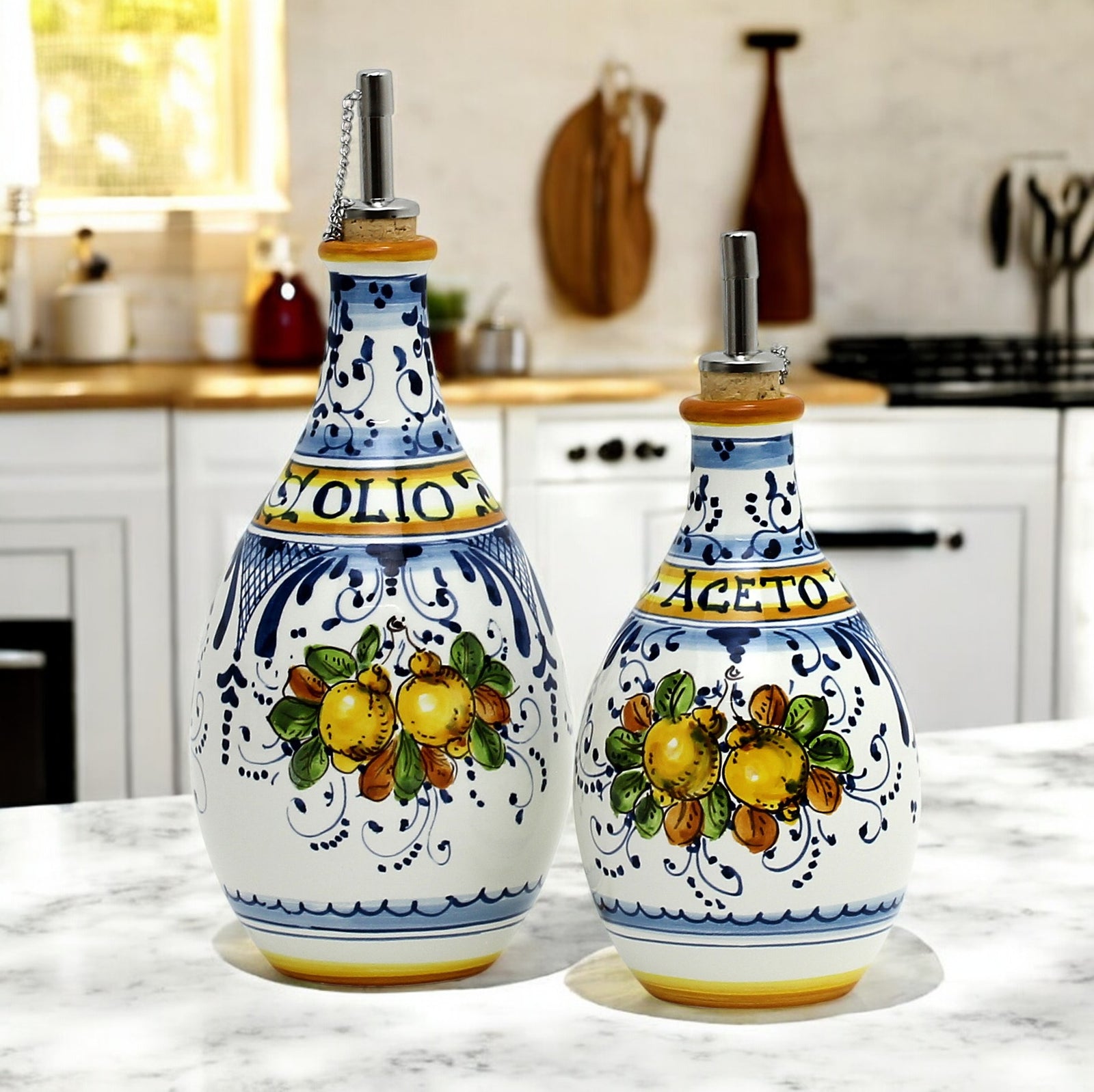 LIMONCINI:  Olive Oil and Vinegar (Aceto) Bottles/Dispenser Set - artisticaitalian.com