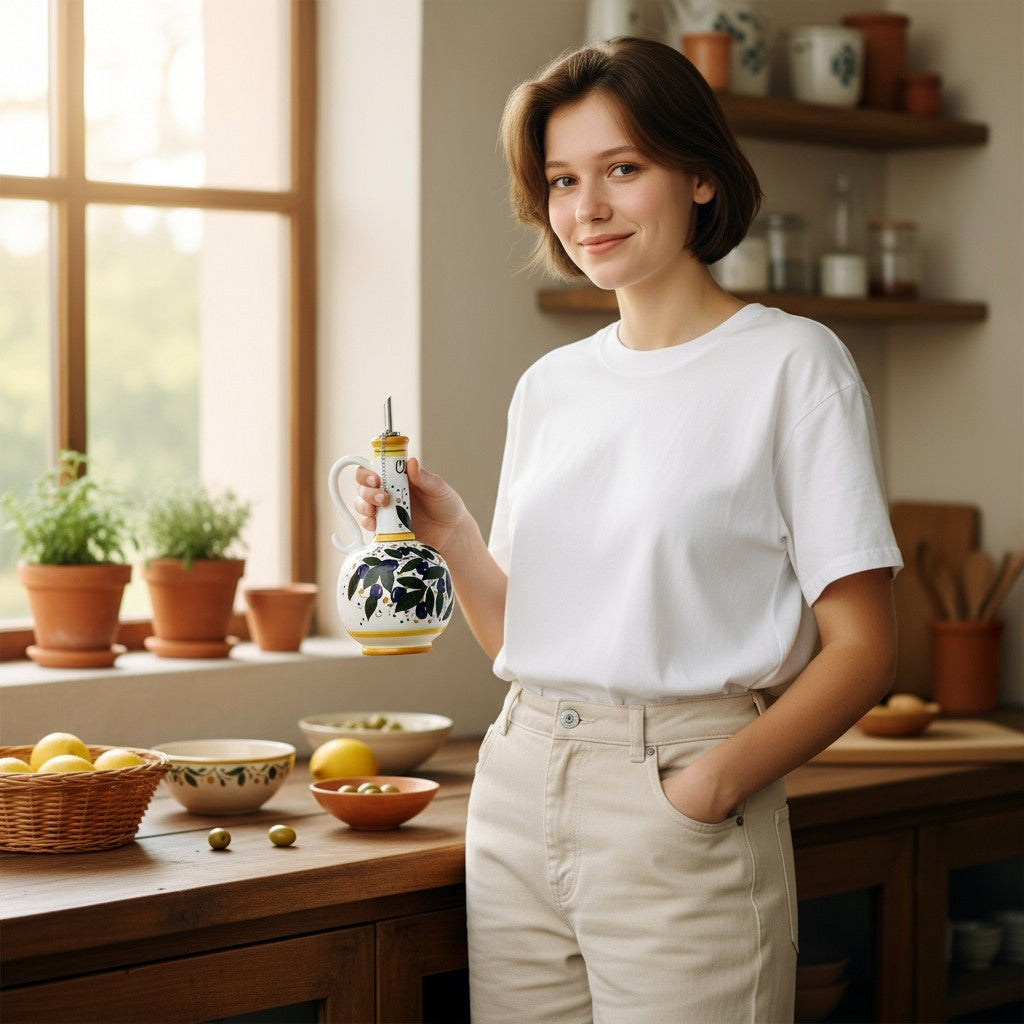 GIFT BOX: With authentic Deruta hand painted ceramic - OLIVA: OLIVE OIL BOTTLE DISPENSER DERUTA