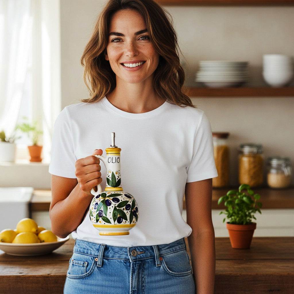 GIFT BOX: With Deruta Olive Oil Dispenser + Saucer/Dipping Bowl + EVOO bottle - OLIVE design