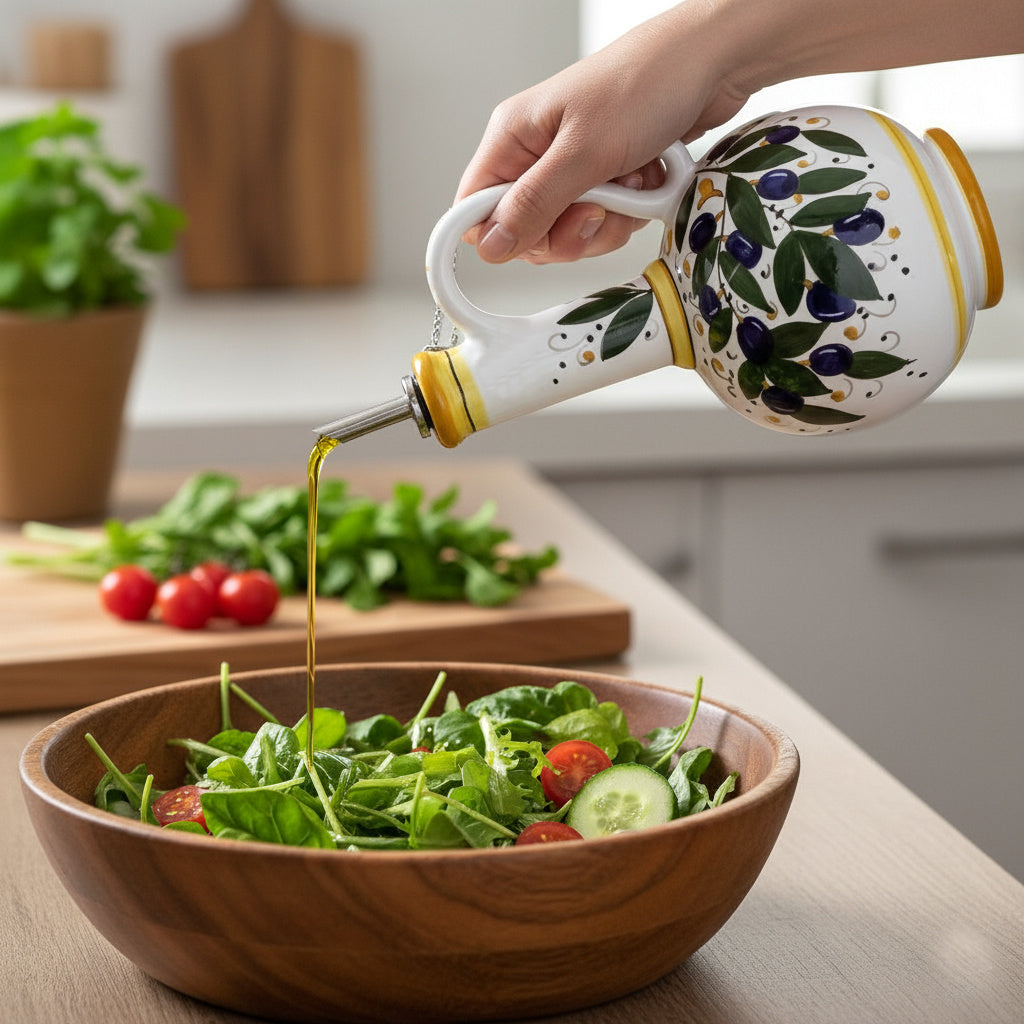 GIFT BOX: With Deruta Olive Oil Dispenser + Saucer/Dipping Bowl + EVOO bottle - OLIVE design