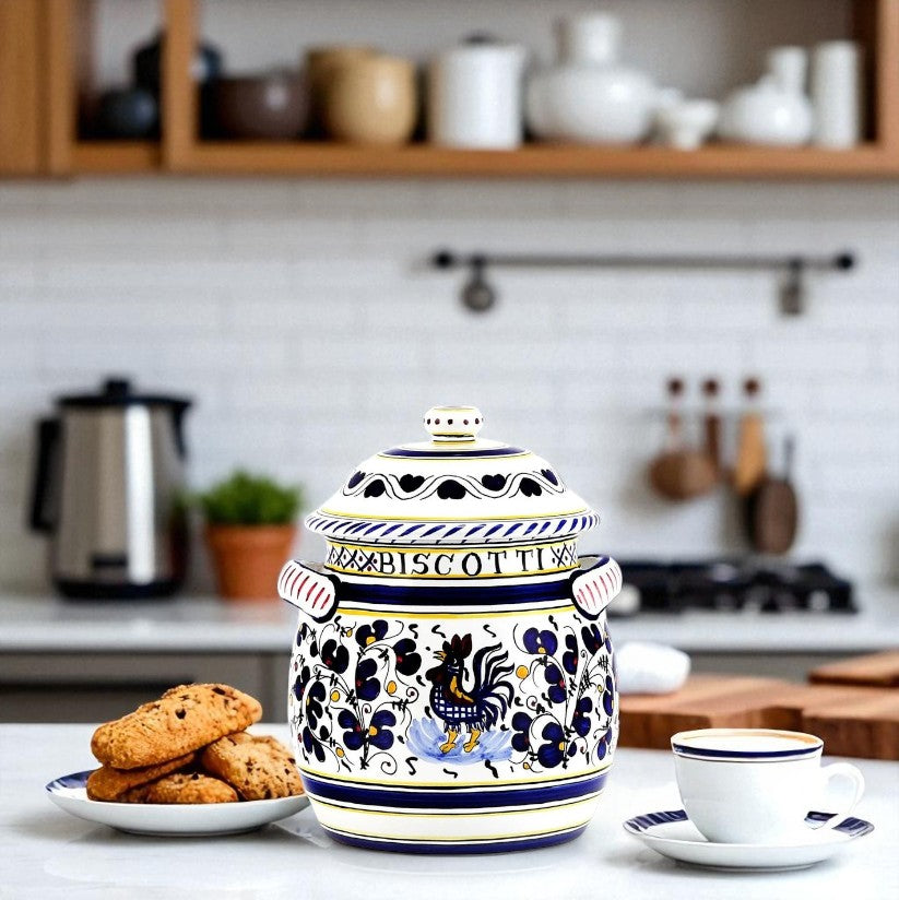 ORVIETO BLUE ROOSTER: Traditional Biscotti Jar - artisticaitalian.com