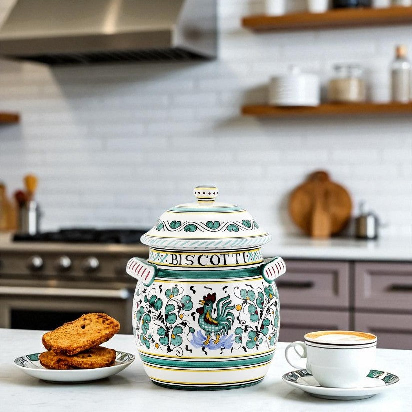 ORVIETO GREEN ROOSTER: Traditional Biscotti Jar - artisticaitalian.com