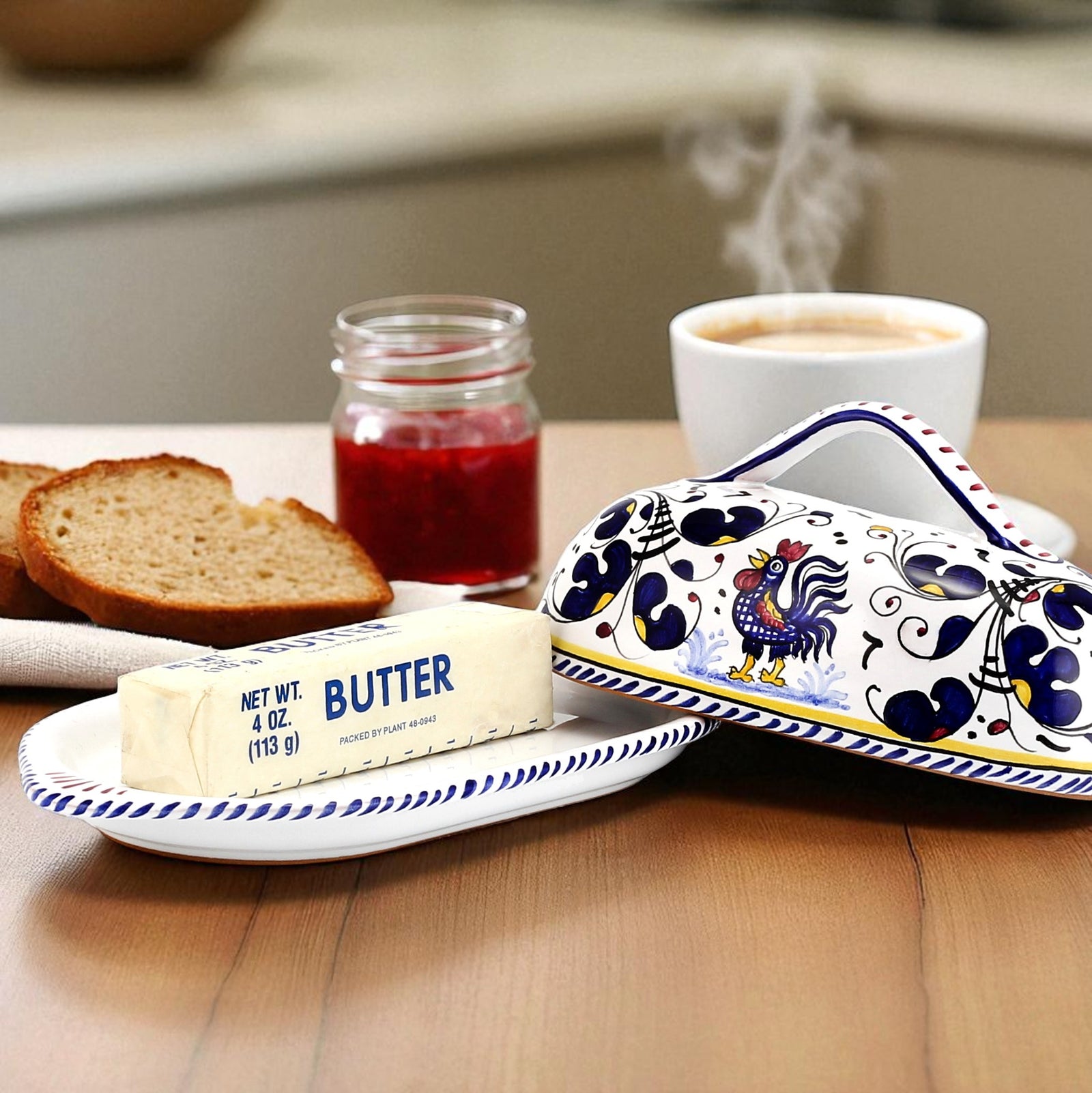 ORVIETO BLUE ROOSTER: Butter Dish with Cover - artisticaitalian.com