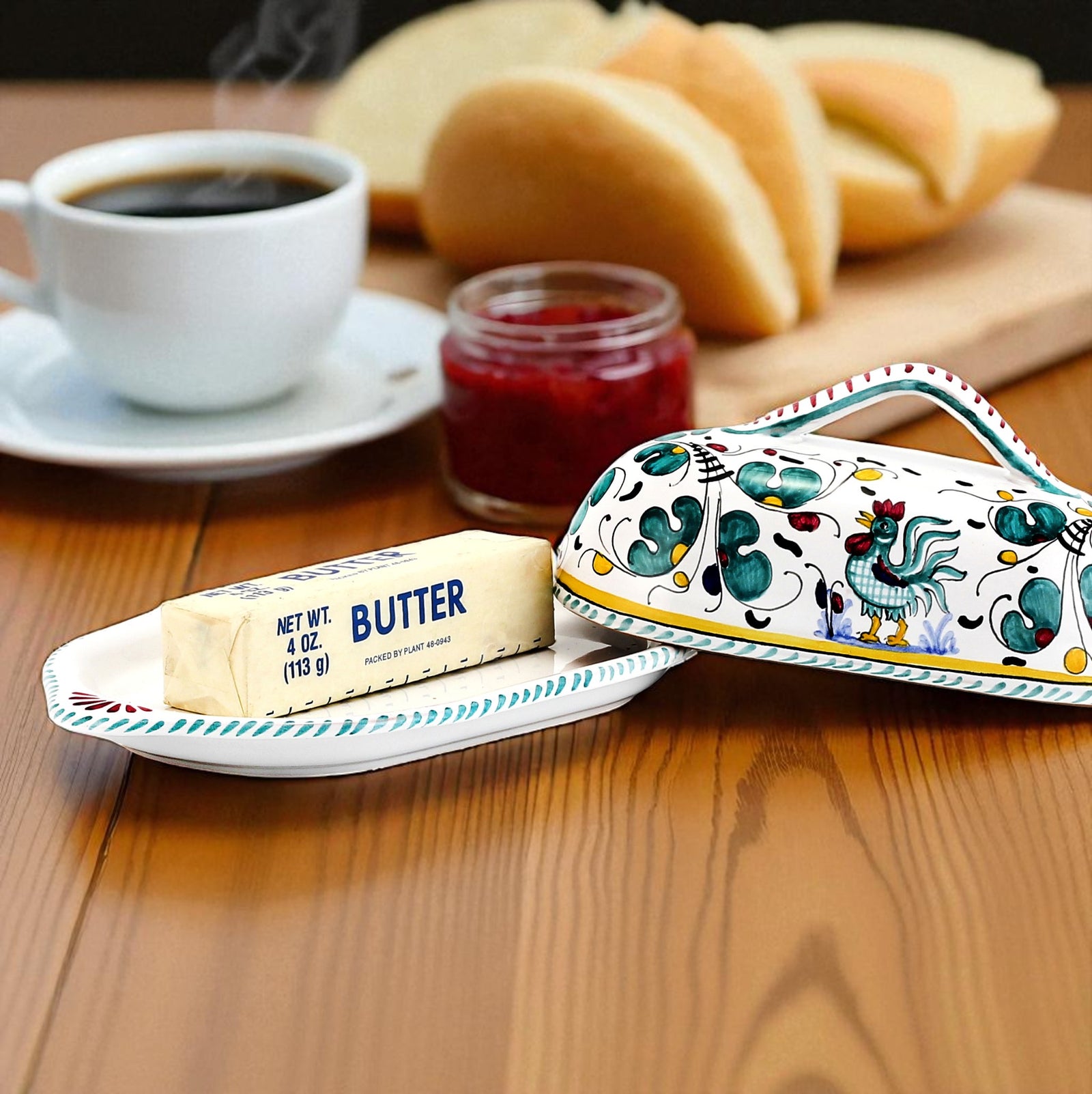 ORVIETO GREEN ROOSTER: Butter Dish w cover - artisticaitalian.com