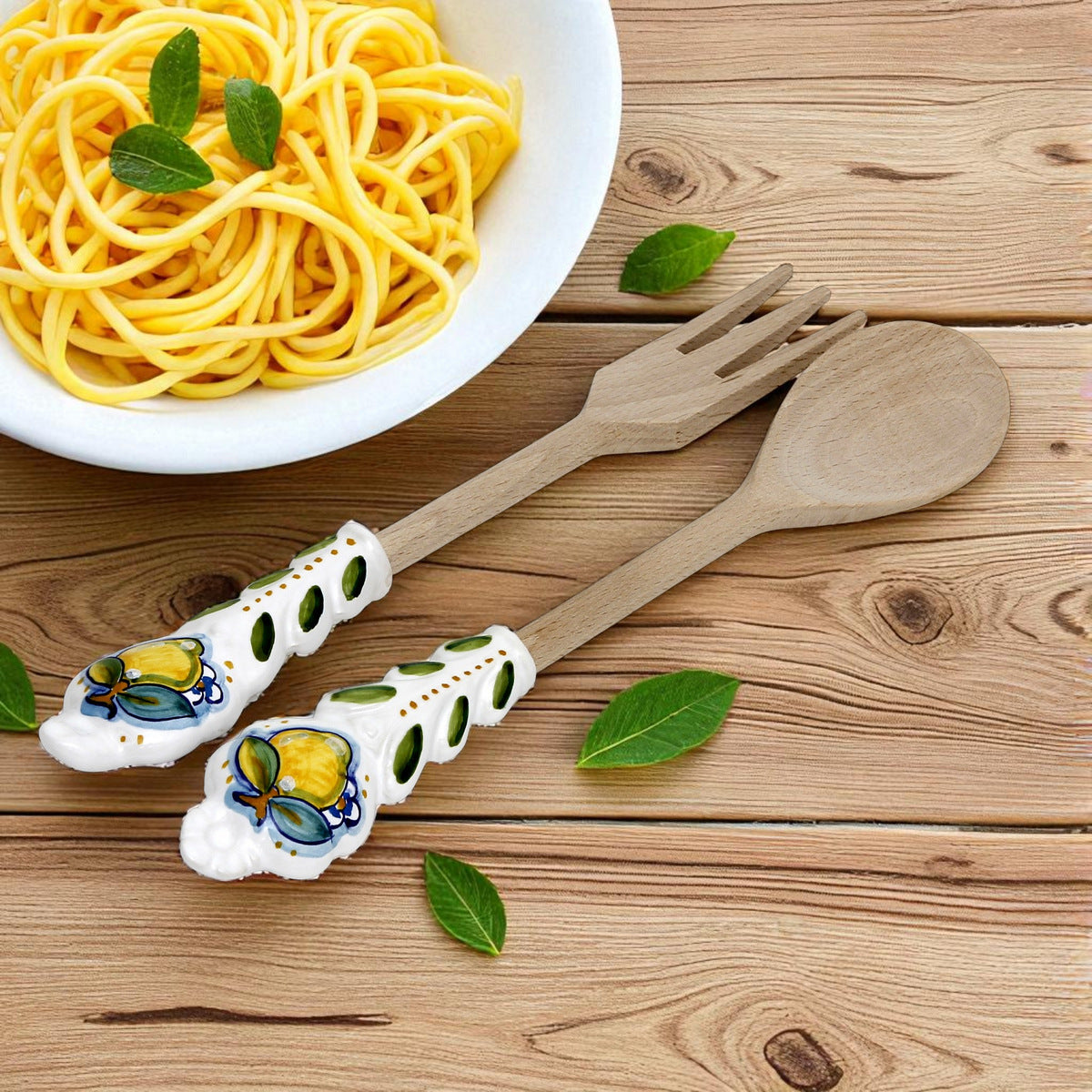 UTENSIL SET: LEMON Design - Hard Wood with Hand Painted Ceramic Handle (Pair Set)