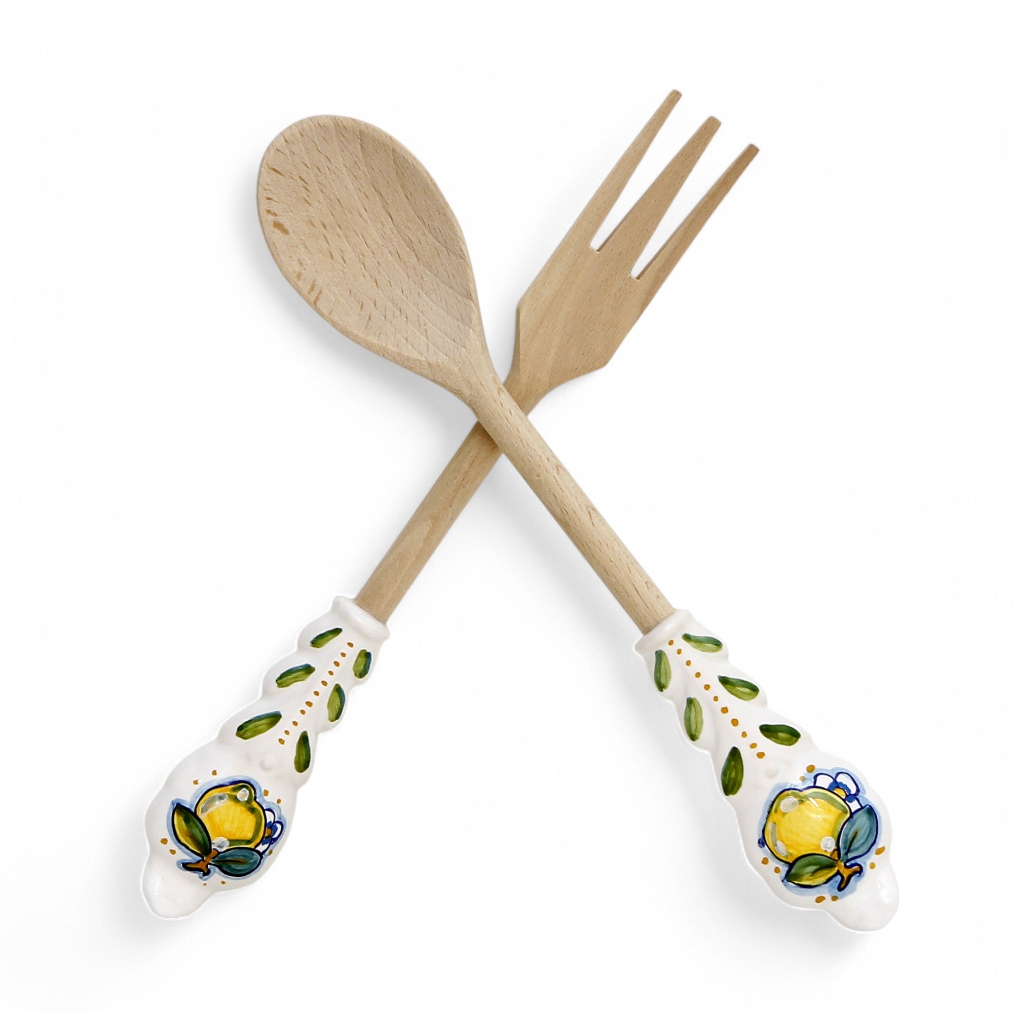 UTENSIL SET: LEMON Design - Hard Wood with Hand Painted Ceramic Handle (Pair Set)