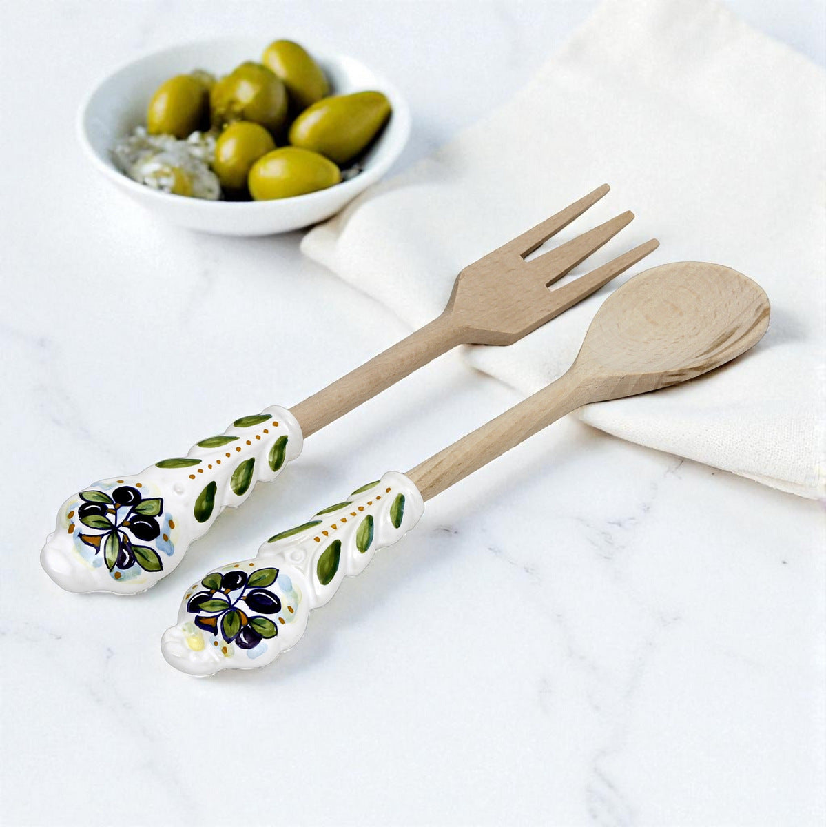 UTENSIL SET: OLIVE Design - Hard Wood with Hand Painted Ceramic Handle (Pair Set)