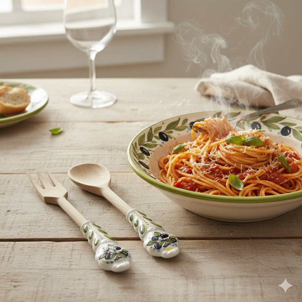 UTENSIL SET: OLIVE Design - Hard Wood with Hand Painted Ceramic Handle (Pair Set)