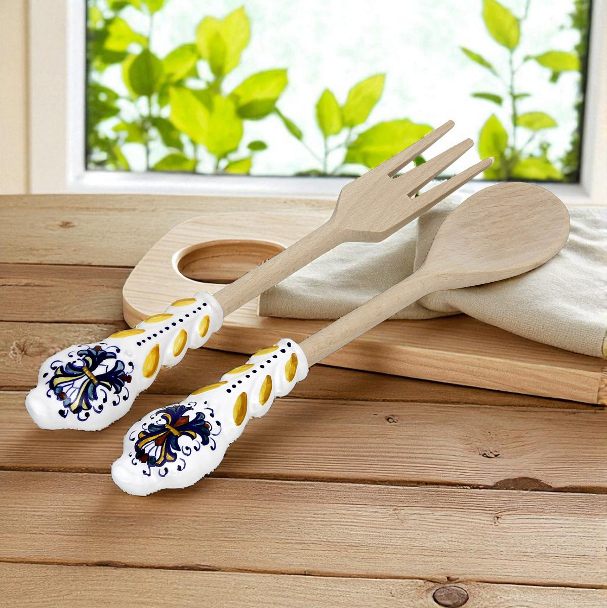UTENSIL SET: RICCO DERUTA Design - Hard Wood with Hand Painted Ceramic Handle (Pair Set)