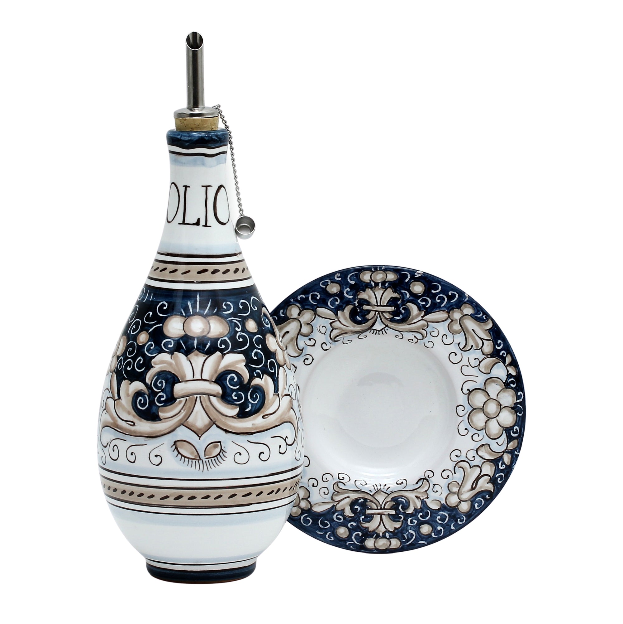GIFT BOX: With Deruta Olive Oil Dispenser + Saucer/Dipping Bowl + EVOO bottle - DERUTA VARIO BLUE design