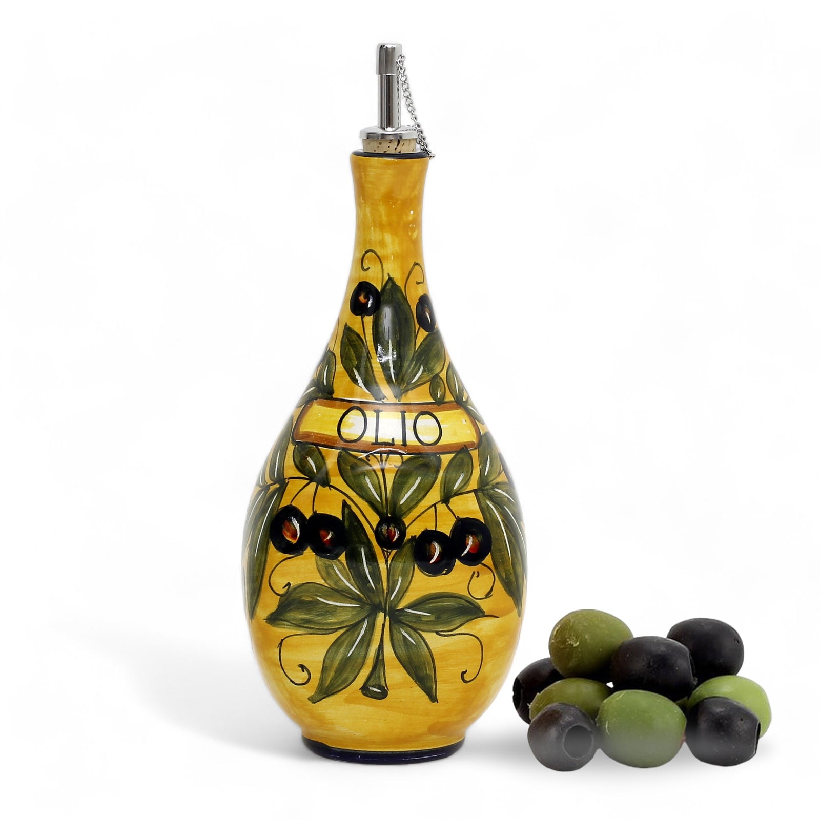 GIFT BOX: With authentic Deruta hand painted ceramic - OLIVE OIL DISPENSER BOTTLE Bucciato Olivo Design