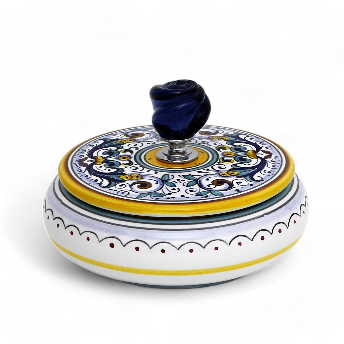 JEWERLY BOX: Authentic Deruta Keepsake Round Box with Murano Knob - RICCO DERUTA design