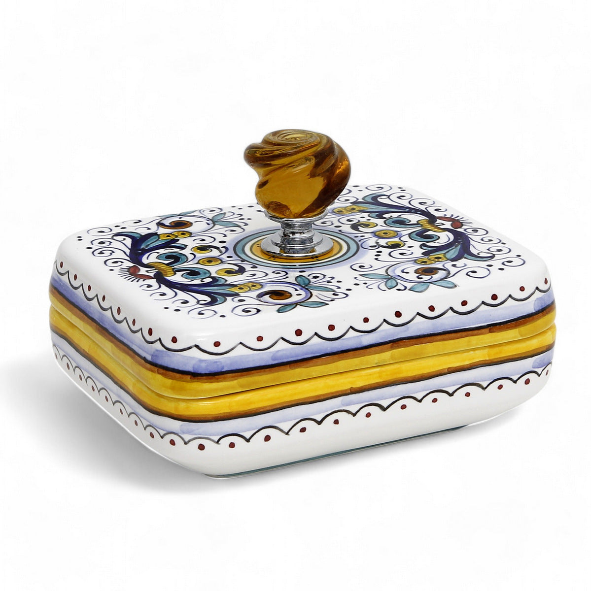 JEWERLY BOX: Authentic Deruta Keepsake Rectangular Box with Murano Knob - RICCO DERUTA design
