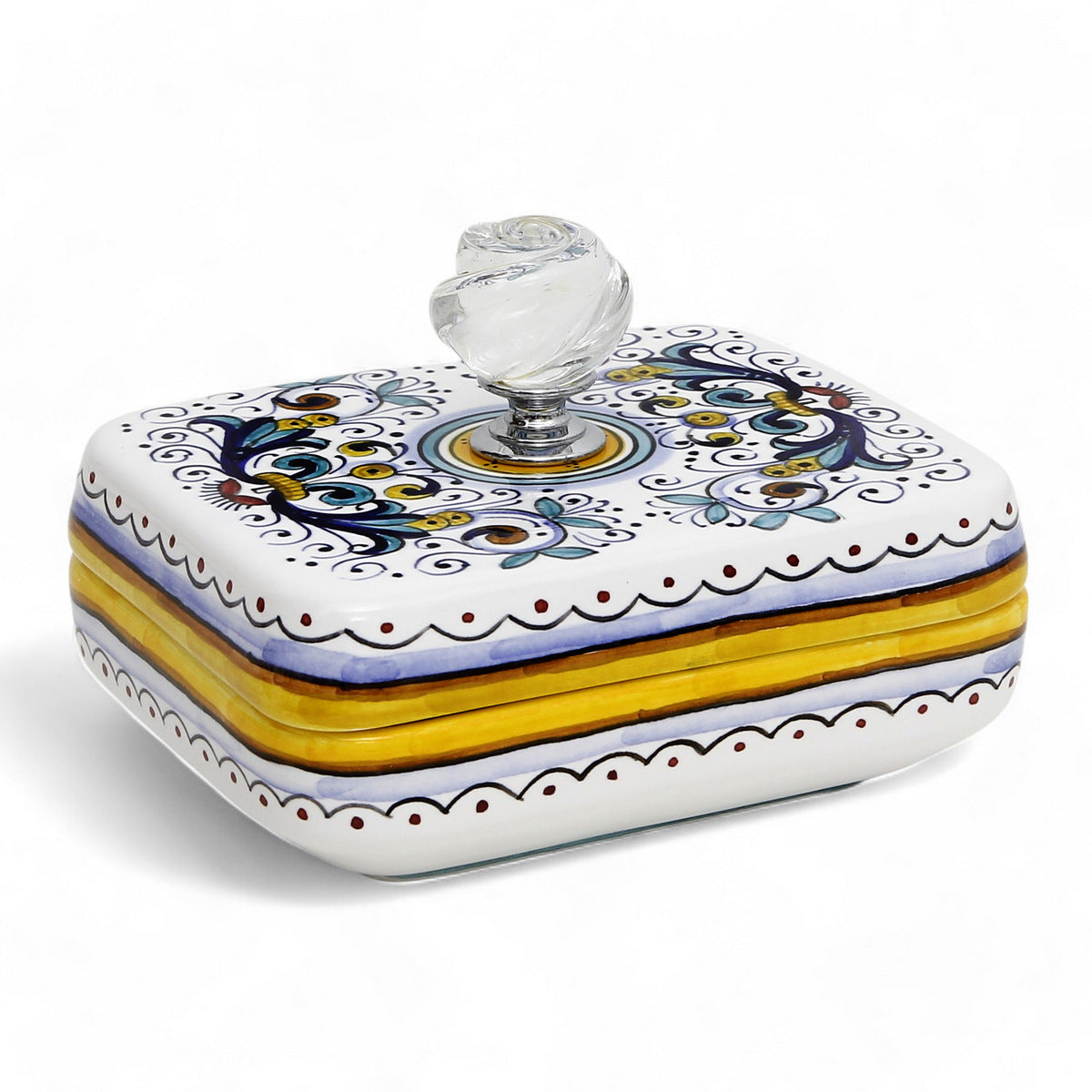 JEWERLY BOX: Authentic Deruta Keepsake Rectangular Box with Murano Knob - RICCO DERUTA design