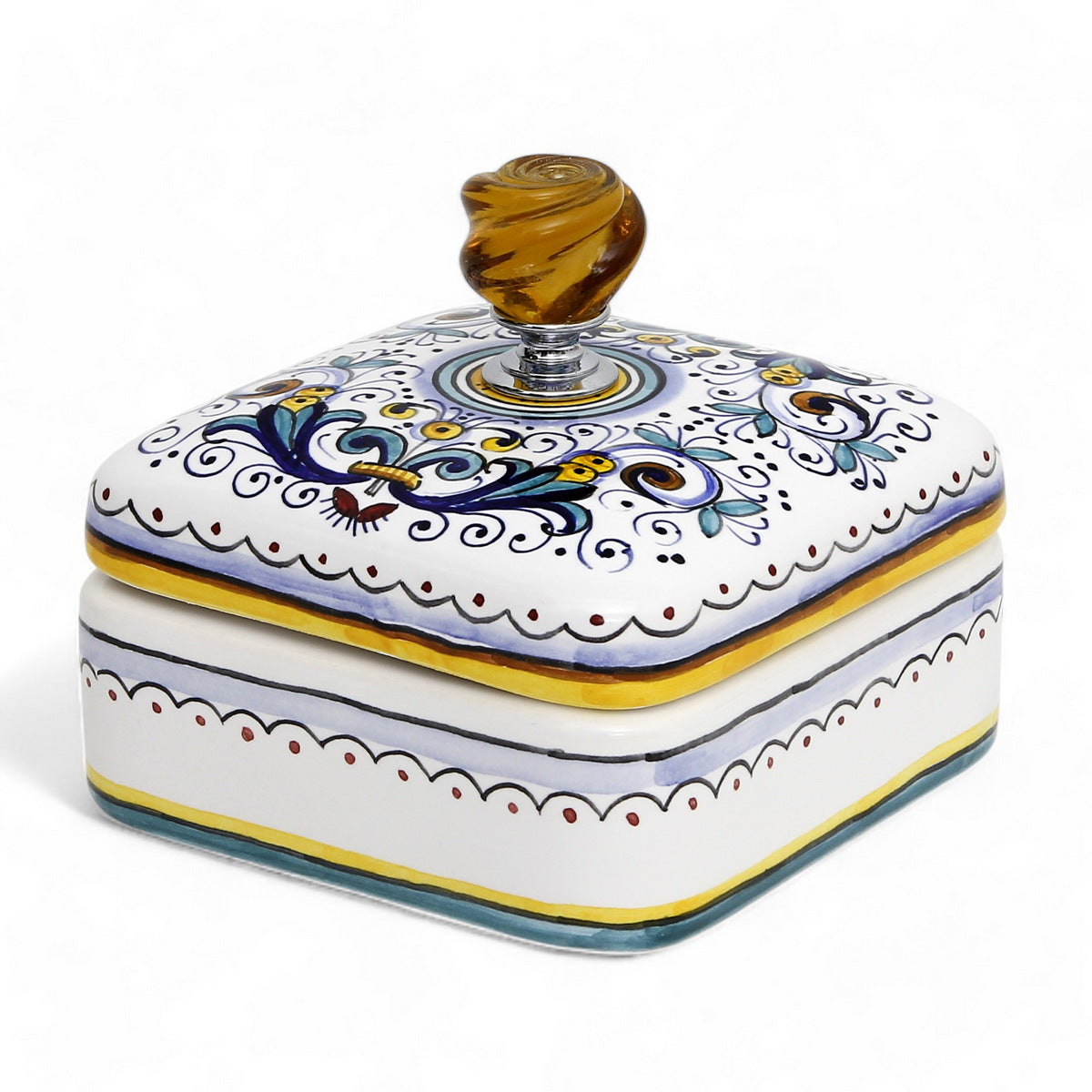 JEWERLY BOX: Authentic Deruta Keepsake Square Box with Murano Knob - RICCO DERUTA design