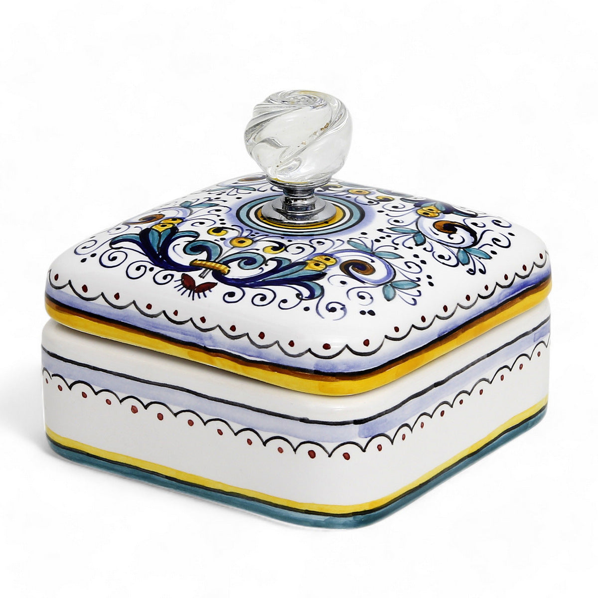 JEWERLY BOX: Authentic Deruta Keepsake Square Box with Murano Knob - RICCO DERUTA design