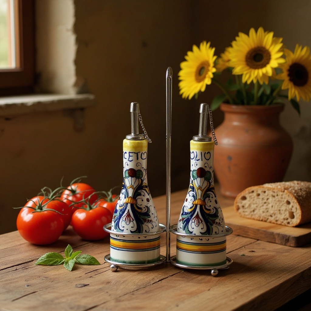 RICCO DERUTA: Oil and Vinegar (Olio - Aceto) 2-Bottles Cruet on Chrome Rack (6 Oz)