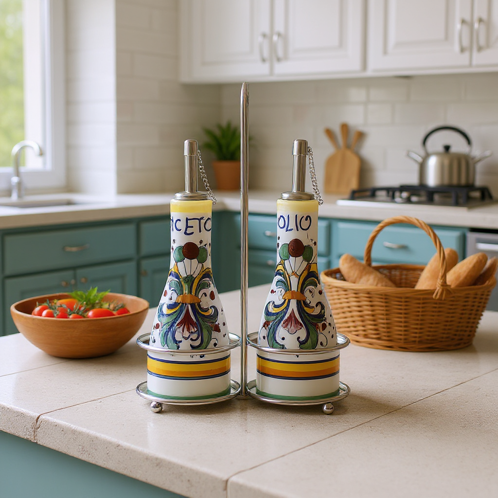 RICCO DERUTA: Oil and Vinegar (Olio - Aceto) 2-Bottles Cruet on Chrome Rack (6 Oz)