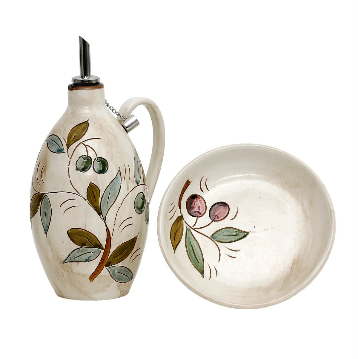 GIFT BOX: With Deruta Olive Oil Dispenser + Saucer/Dipping Bowl + EVOO bottle - DERUTA OLIVE COLORI design