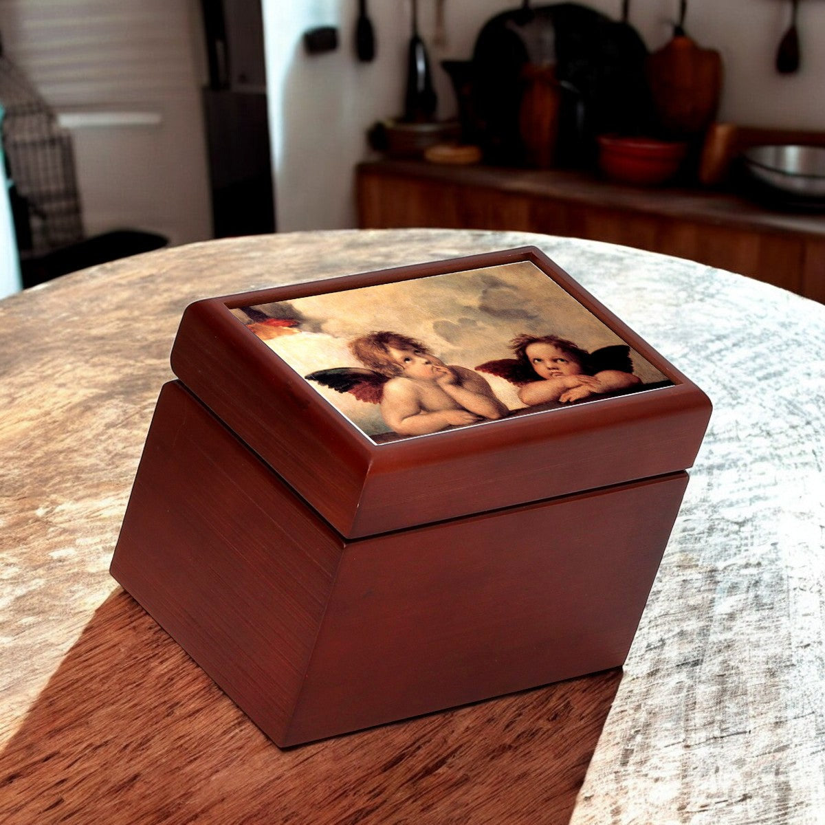 WOOD BOX: Lined Tea Bags Wood Box with printed tile lid - Opera "Angel and Cherubs" by Raphael