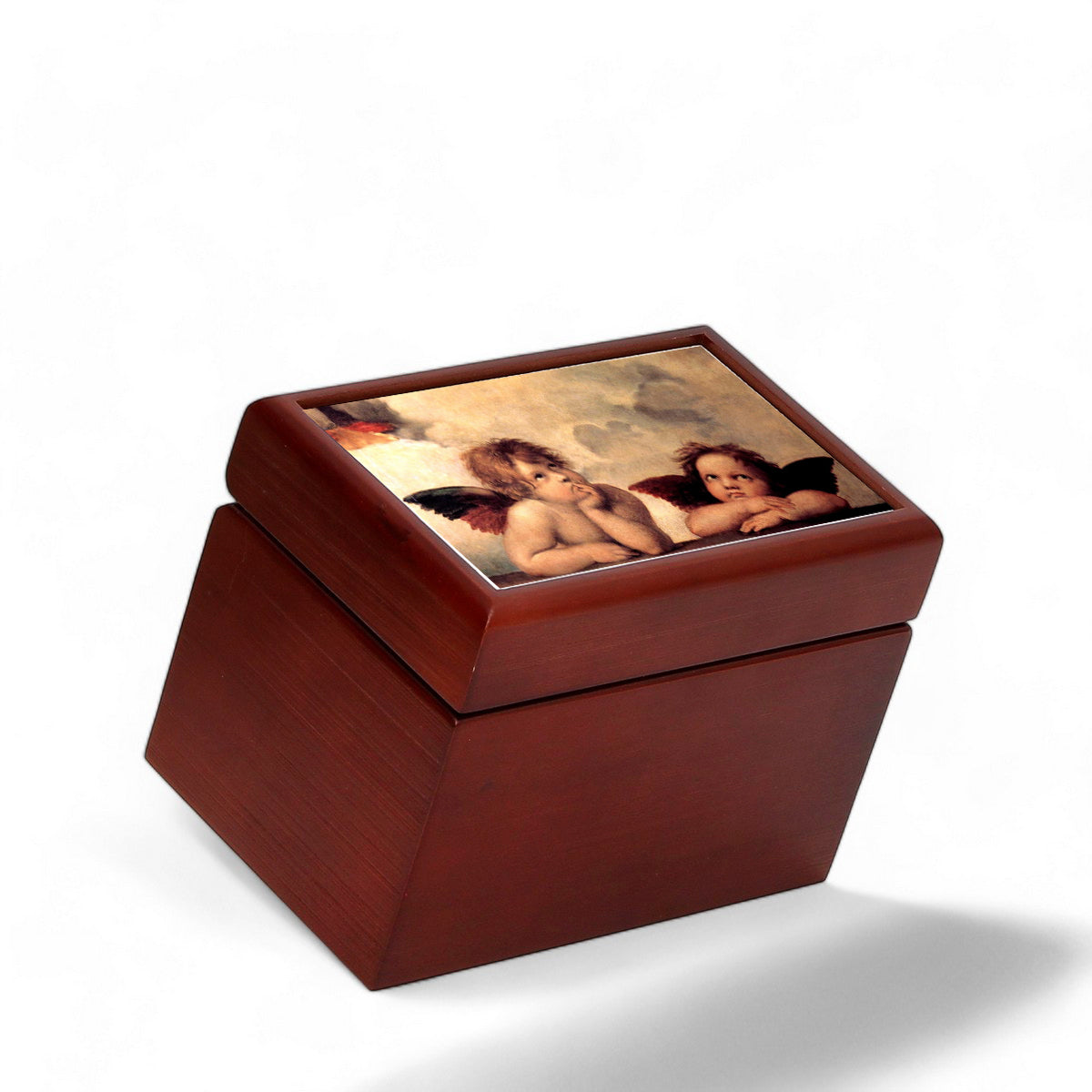 WOOD BOX: Lined Tea Bags Wood Box with printed tile lid - Opera &quot;Angel and Cherubs&quot; by Raphael