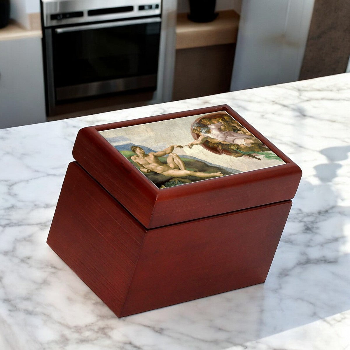 WOOD BOX: Lined Tea Bags Wood Box with printed tile lid - Opera "The Creation of Adam (Detail)