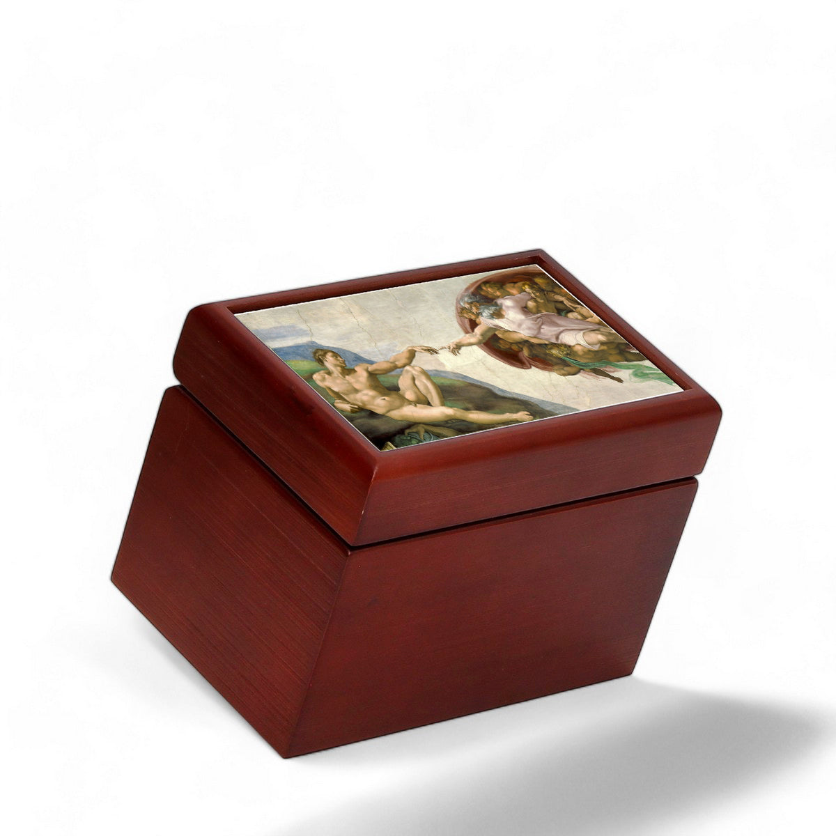 WOOD BOX: Lined Tea Bags Wood Box with printed tile lid - Opera &quot;The Creation of Adam (Detail)