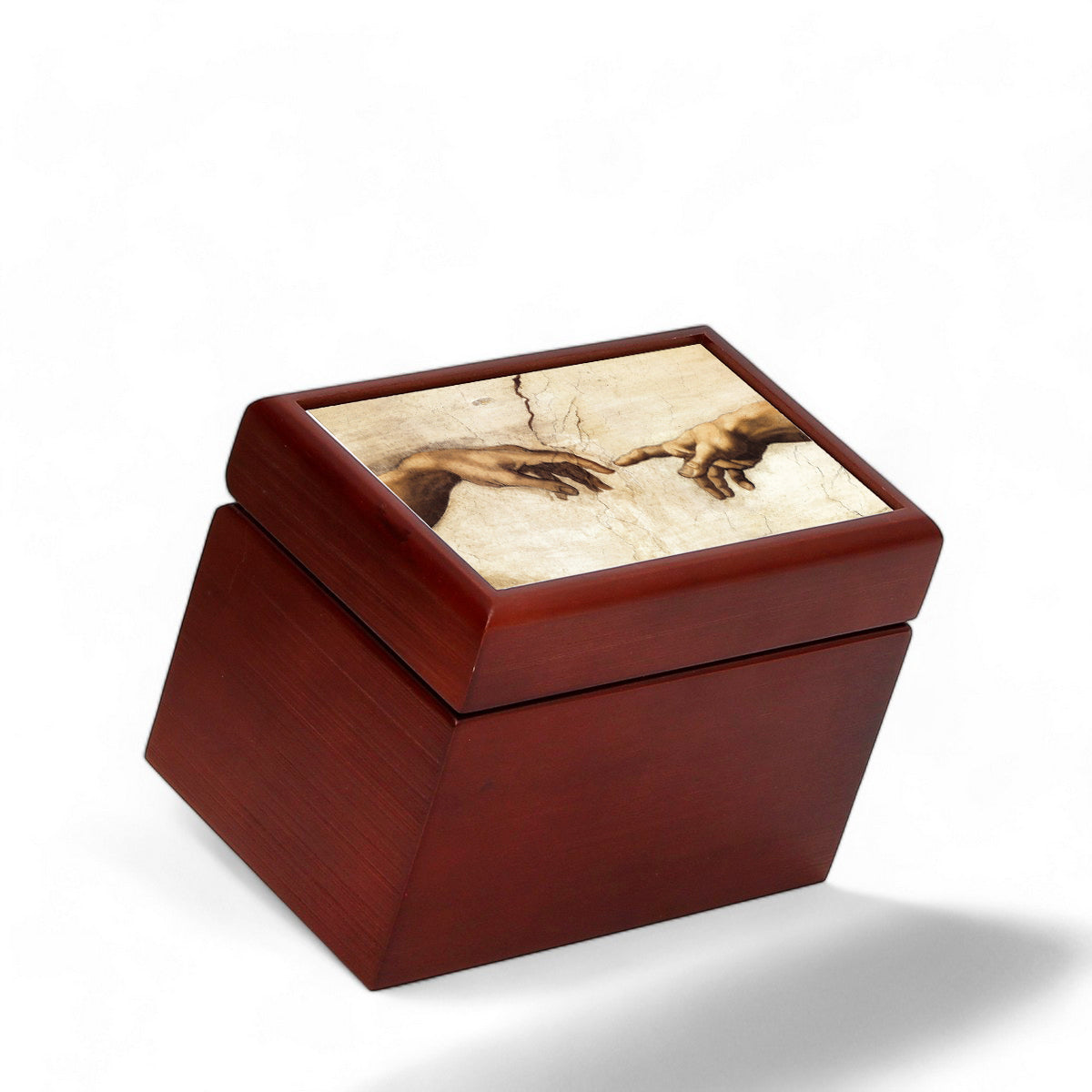 WOOD BOX: Lined Tea Bags Wood Box with printed tile lid - Opera &quot;The Creation of Adam (Detail)