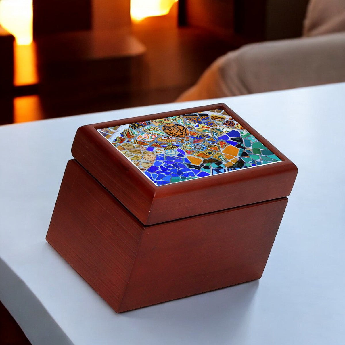 WOOD BOX: Lined Tea Bags Wood Box with printed tile lid - Opera "Gaudi" (#1)