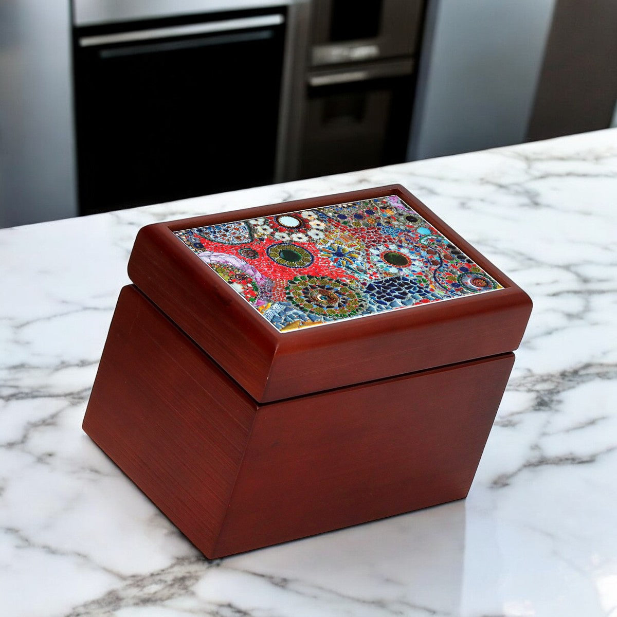 WOOD BOX: Lined Tea Bags Wood Box with printed tile lid - Opera "Gaudi" (#2)