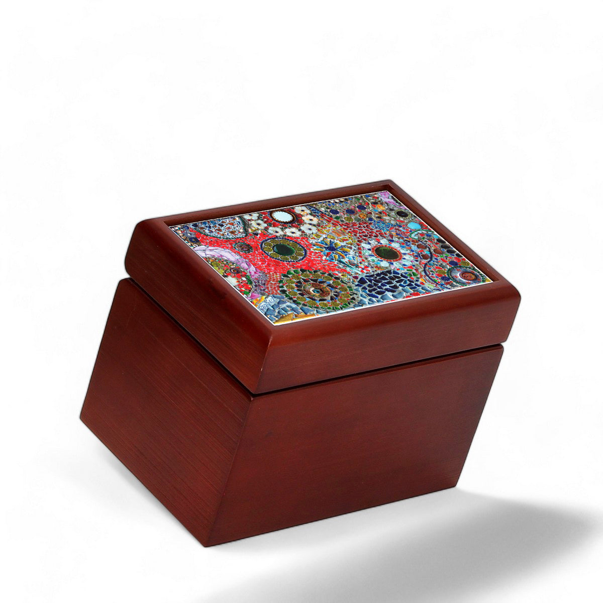 WOOD BOX: Lined Tea Bags Wood Box with printed tile lid - Opera "Gaudi" (#2)