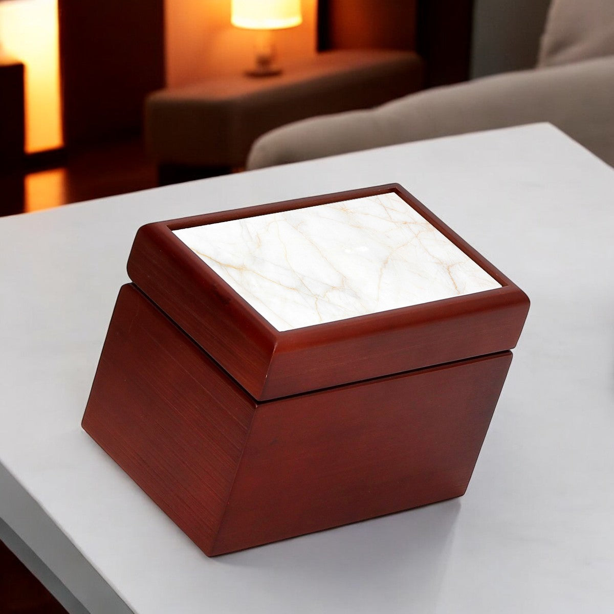 WOOD BOX: Lined Tea Bags Wood Box with printed tile lid - Opera "Gold+White Carrara Marble"