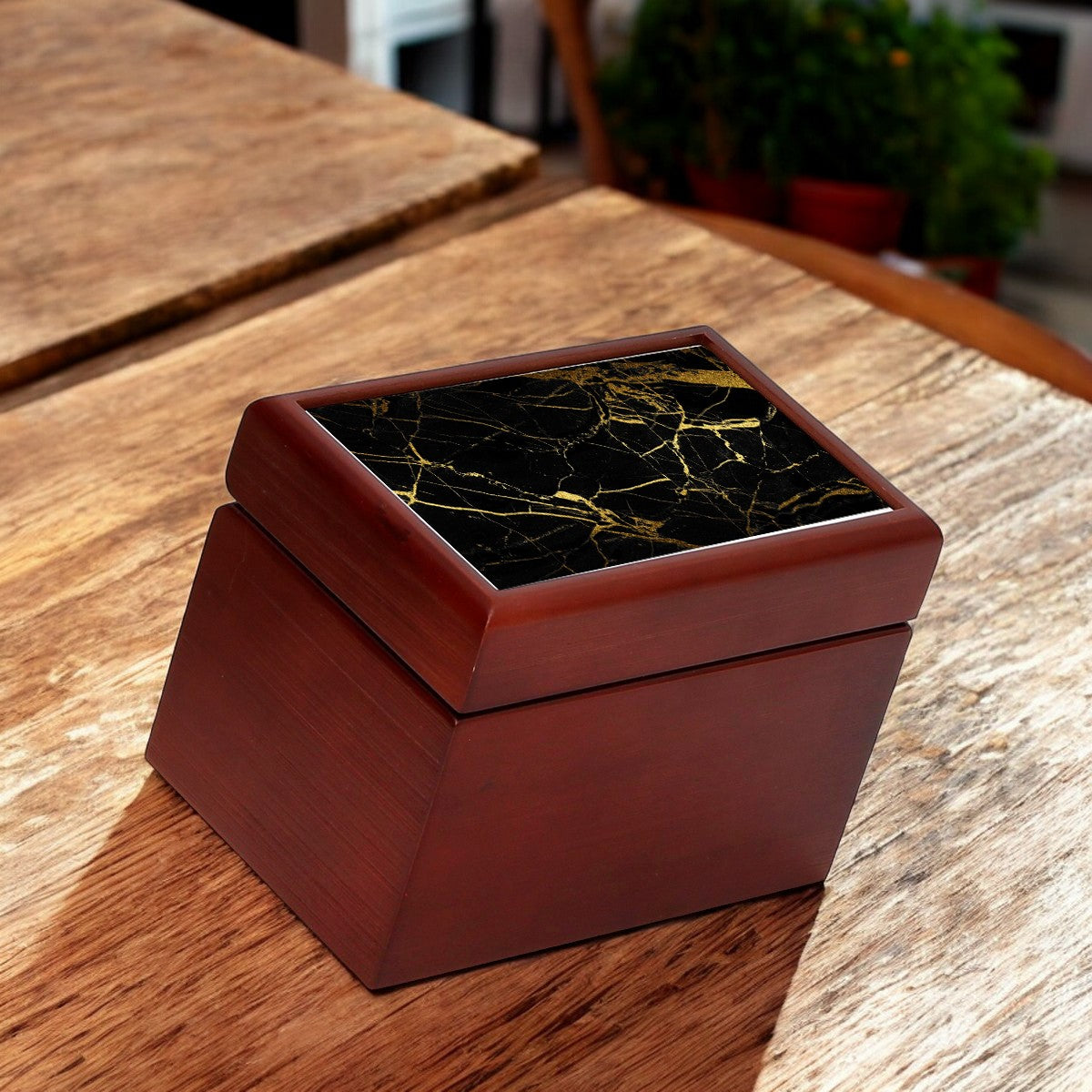 WOOD BOX: Lined Tea Bags Wood Box with printed tile lid - Opera "Gold+Black Carrara Marble"