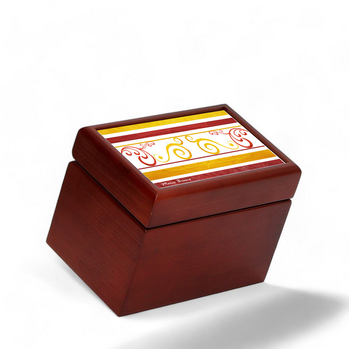 WOOD BOX: Lined Tea Bags Wood Box with printed tile lid - Opera &quot;Mario Bruno Design 01&quot;