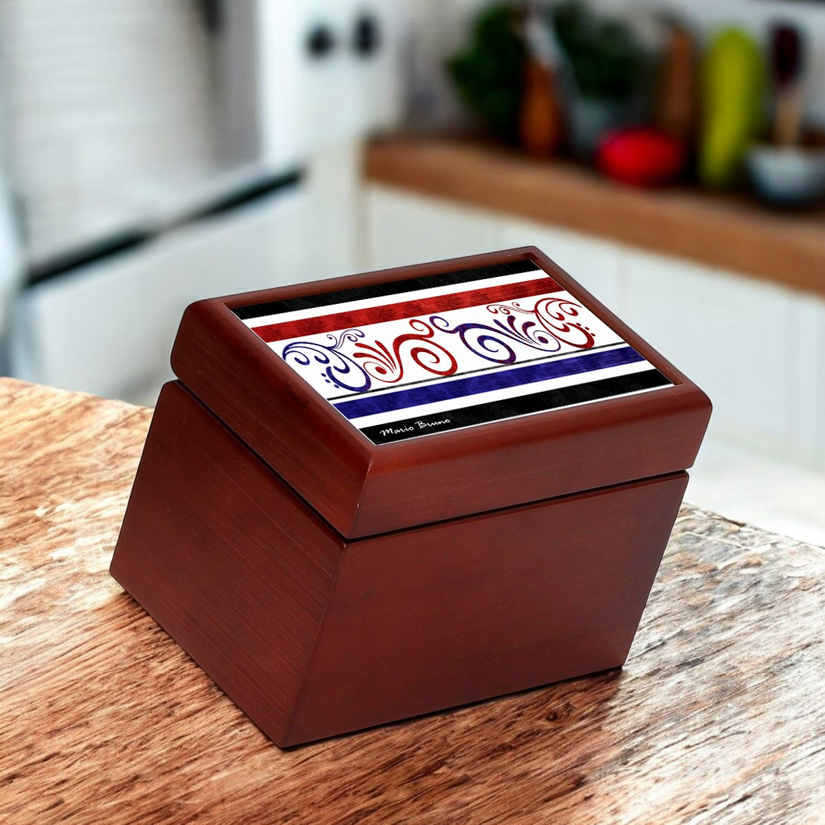 WOOD BOX: Lined Tea Bags Wood Box with printed tile lid - Opera "Mario Bruno Design 04"