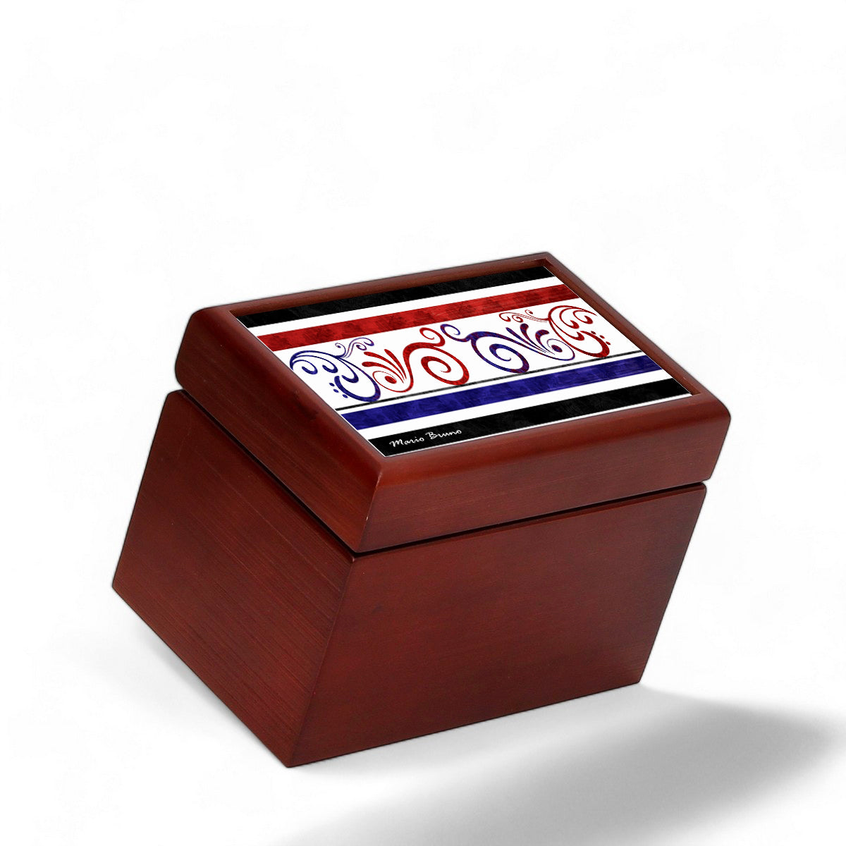 WOOD BOX: Lined Tea Bags Wood Box with printed tile lid - Opera &quot;Mario Bruno Design 04&quot;