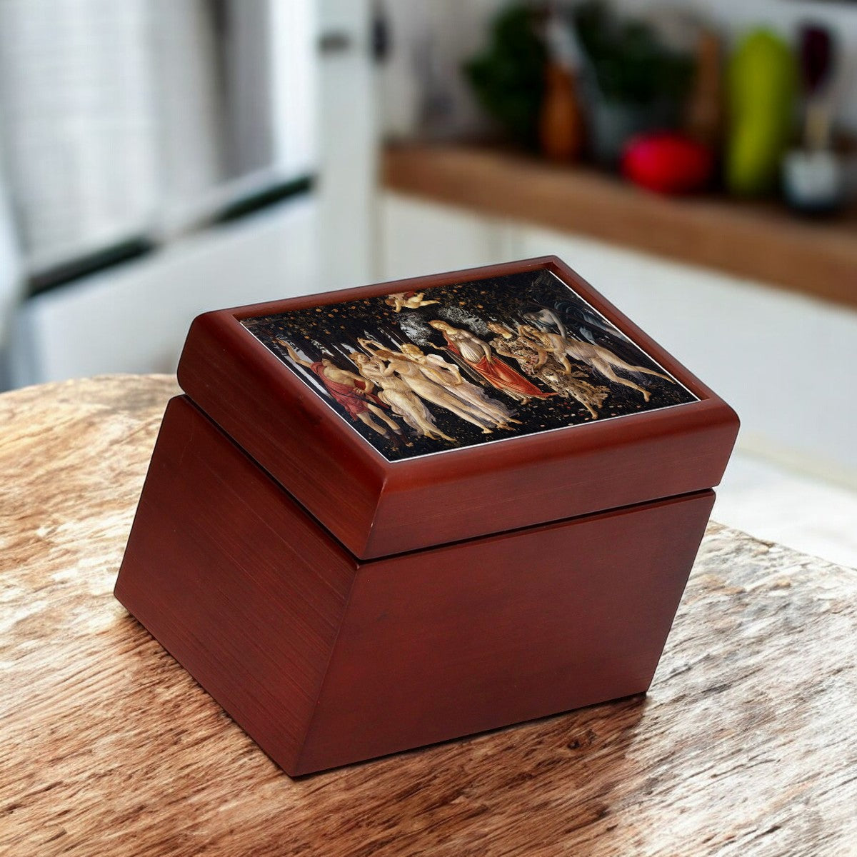 WOOD BOX: Lined Tea Bags Wood Box with printed tile lid - Opera "Primavera Botticelli"