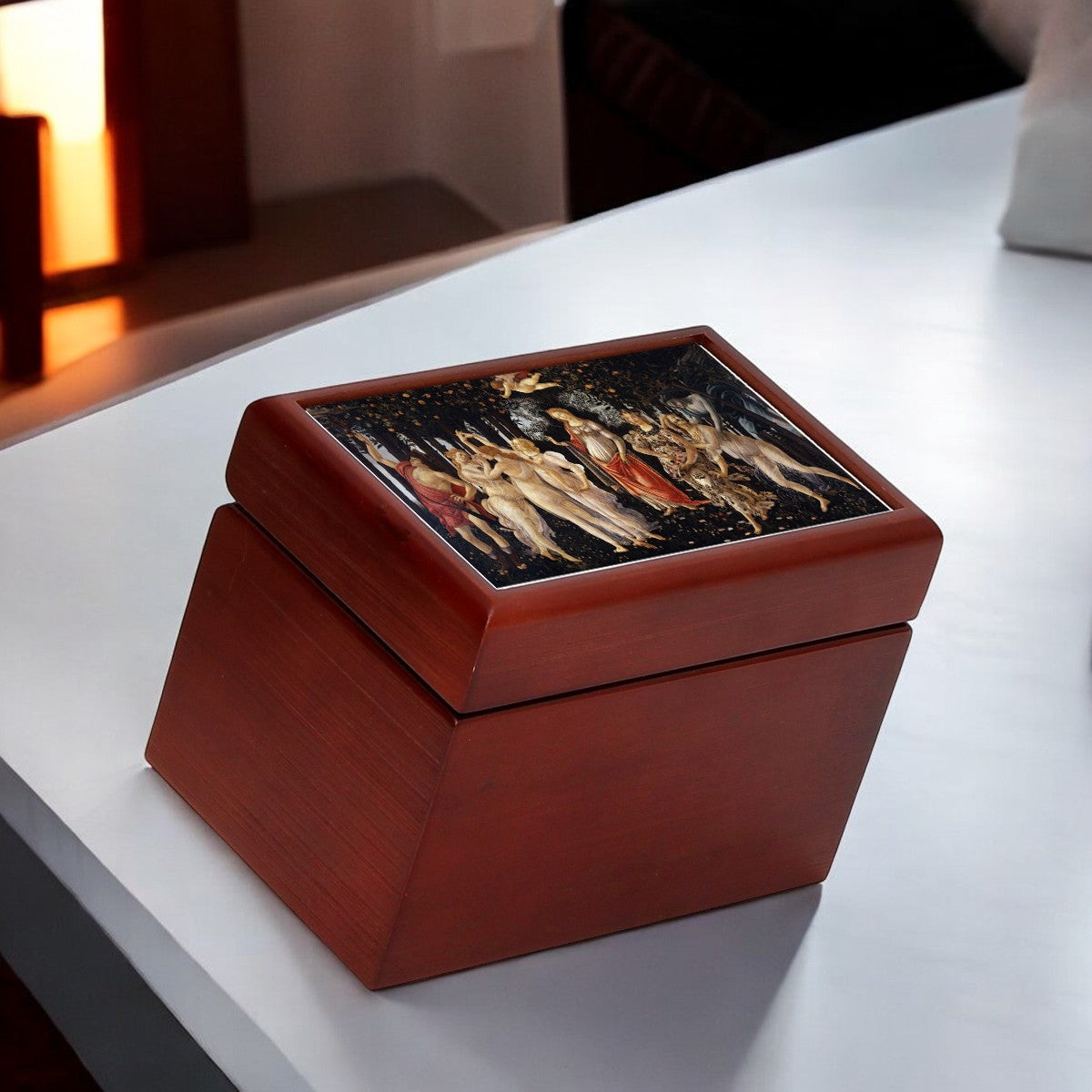 WOOD BOX: Lined Tea Bags Wood Box with printed tile lid - Opera "Primavera Botticelli"