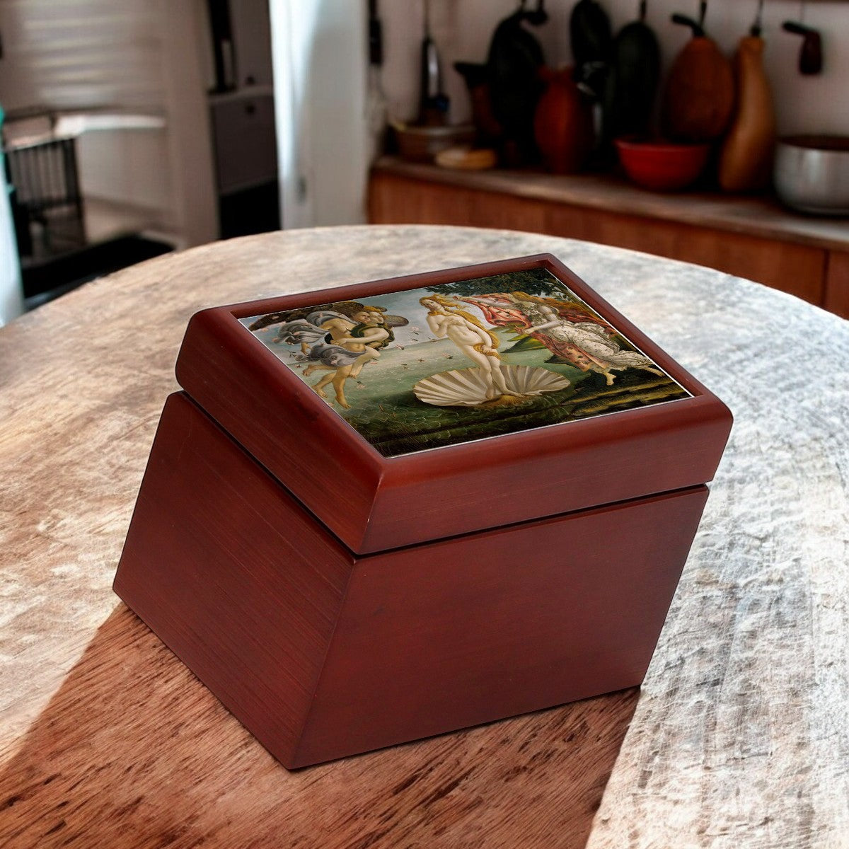 WOOD BOX: Lined Tea Bags Wood Box with printed tile lid - Opera "Venere Botticelli"