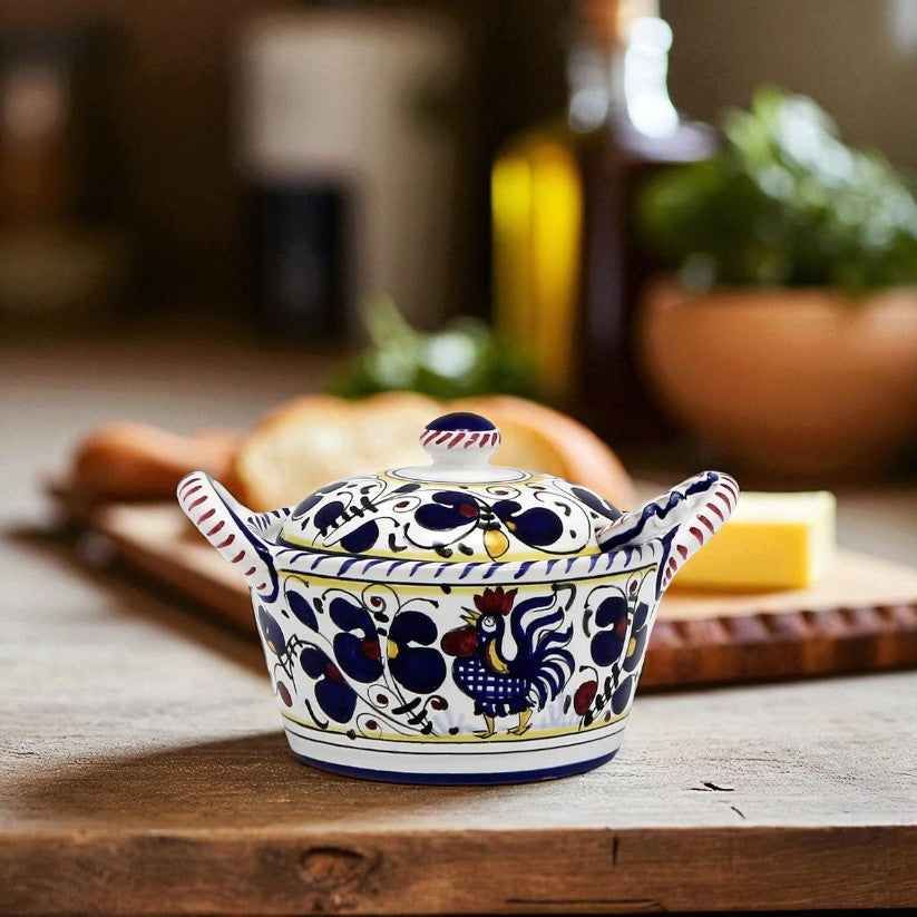 ORVIETO BLUE ROOSTER: Covered Parmesan Cheese Bowl with Spoon - artisticaitalian.com