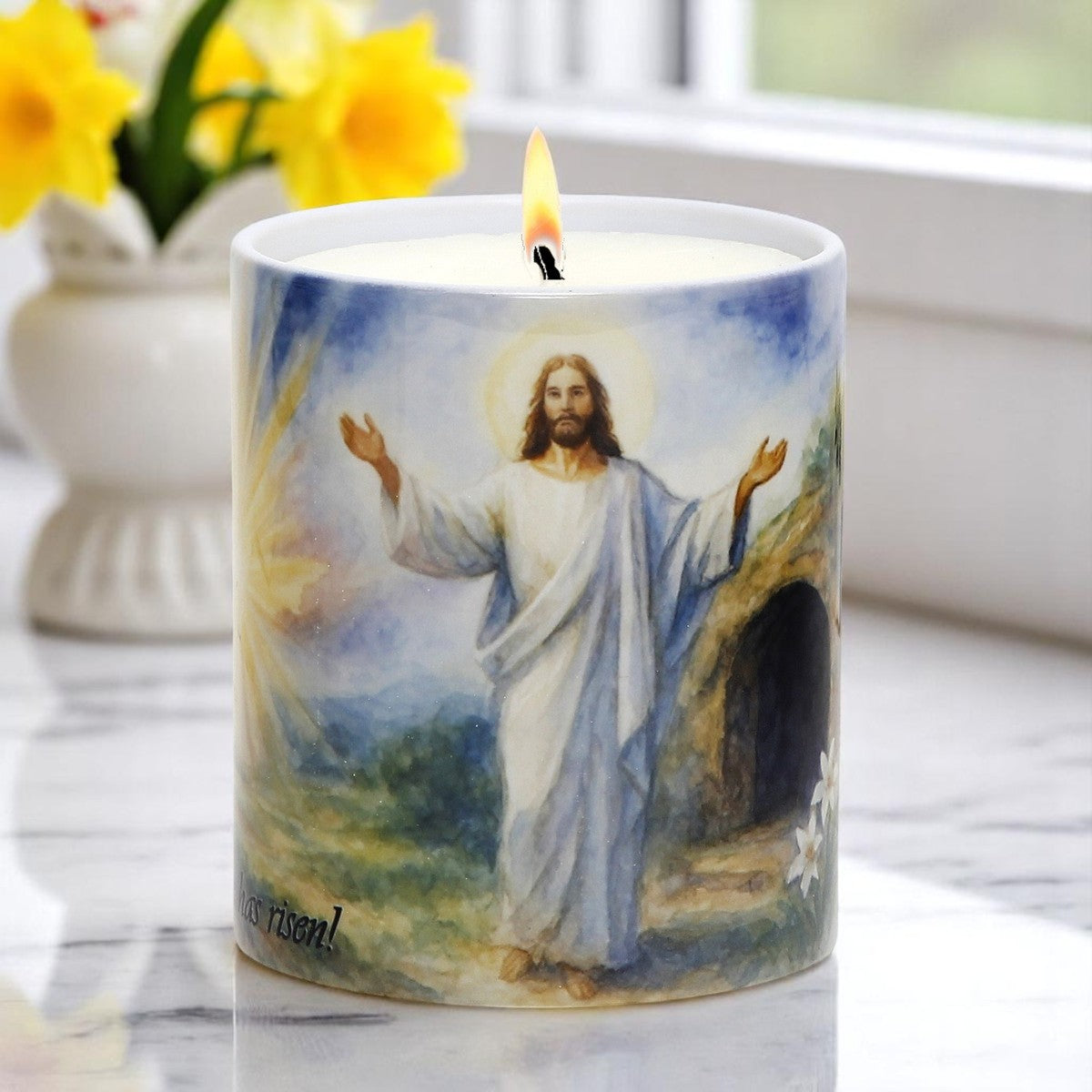 SUBLIMART: "He Has Risen!" Easter Candle - Porcelain Soy Wax Candle with Scripture Citations in English and Spanish.