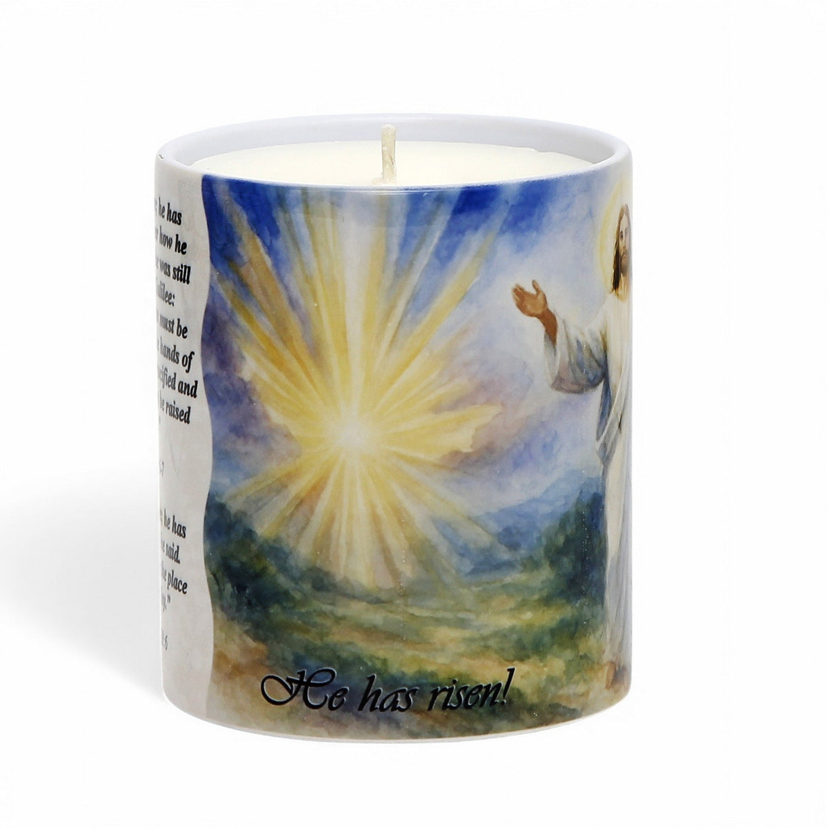 SUBLIMART: "He Has Risen!" Easter Candle - Porcelain Soy Wax Candle with Scripture Citations in English and Spanish.