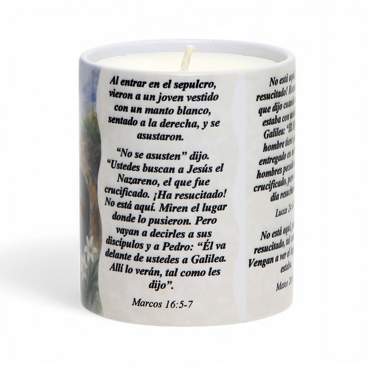 SUBLIMART: "He Has Risen!" Easter Candle - Porcelain Soy Wax Candle with Scripture Citations in English and Spanish.