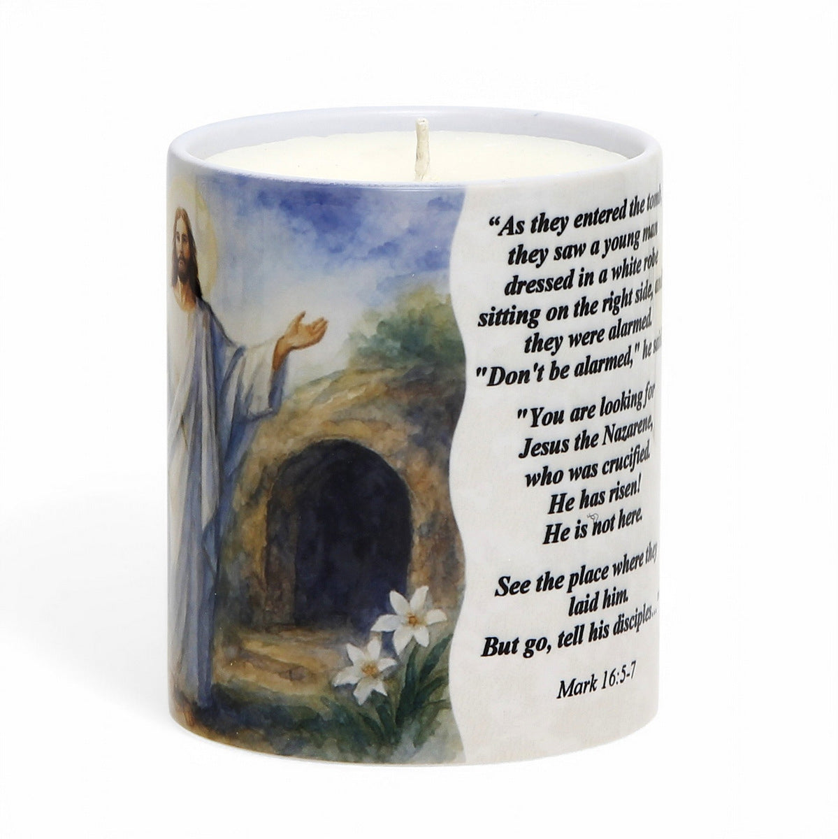 SUBLIMART: "He Has Risen!" Easter Candle - Porcelain Soy Wax Candle with Scripture Citations in English and Spanish.