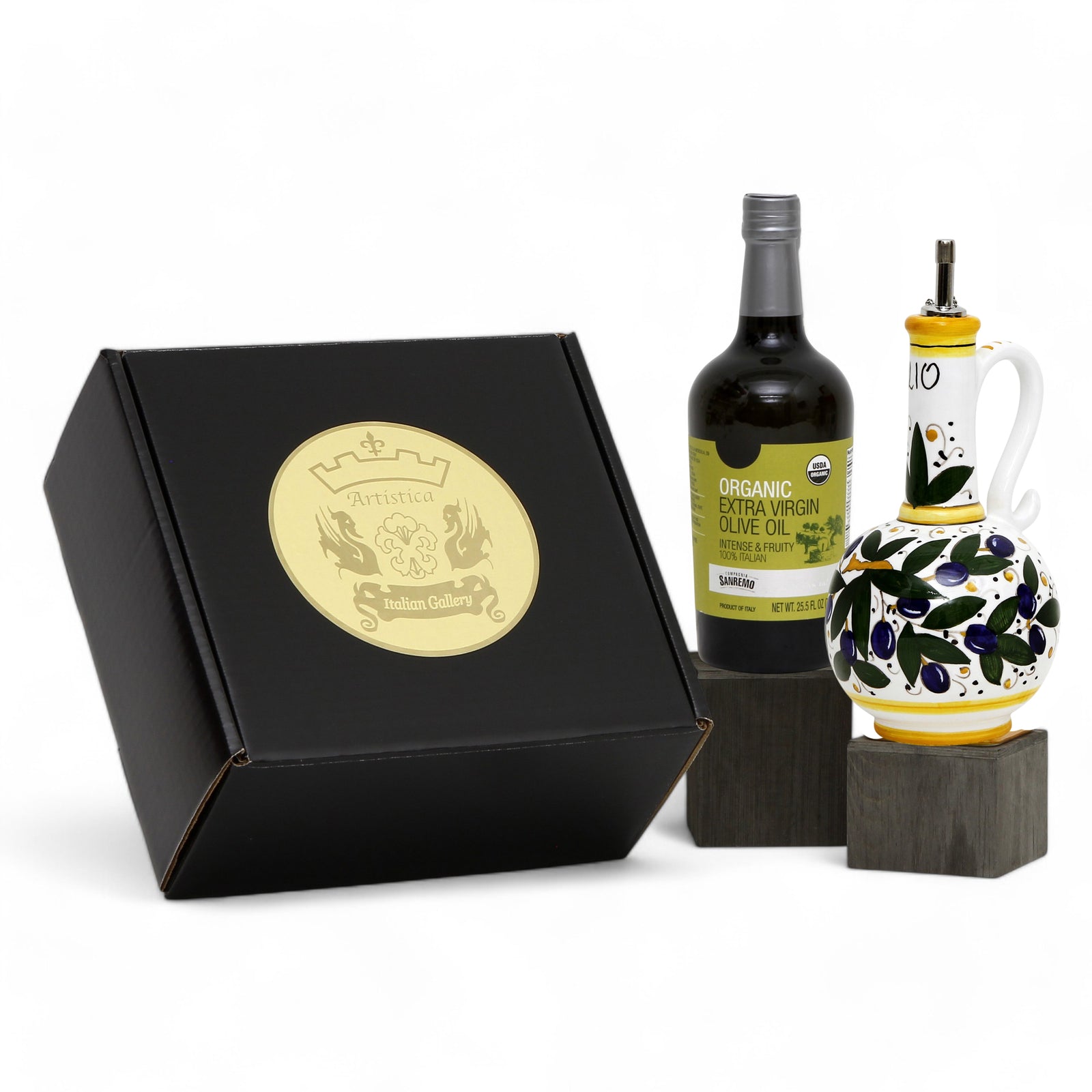 GIFT BOX: With Deruta Olive Oil Dispenser + Saucer/Dipping Bowl + EVOO bottle - OLIVE design