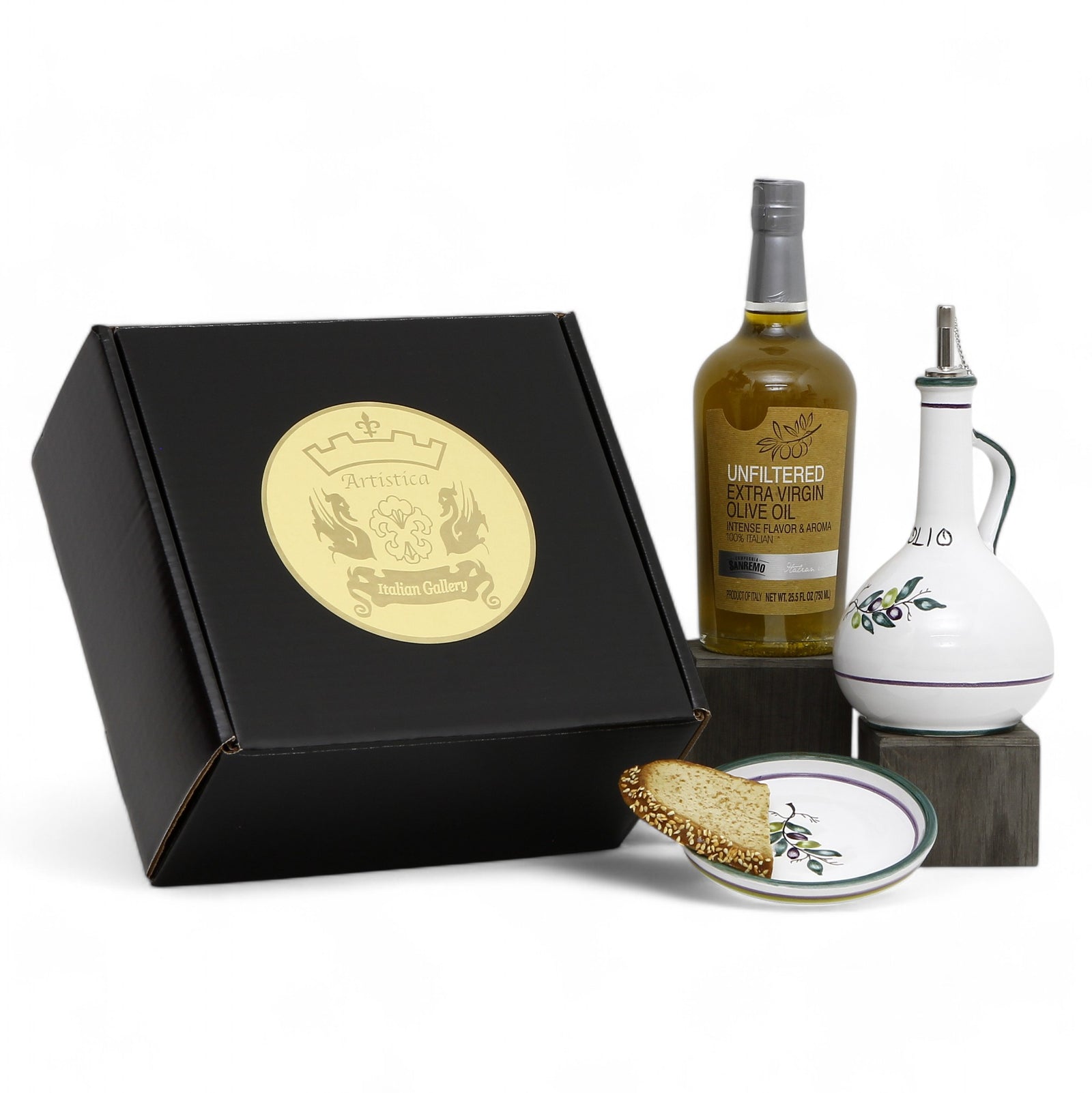 GIFT BOX: With Deruta Olive Oil Dispenser + Saucer/Dipping Bowl + EVOO bottle - OLIVE design
