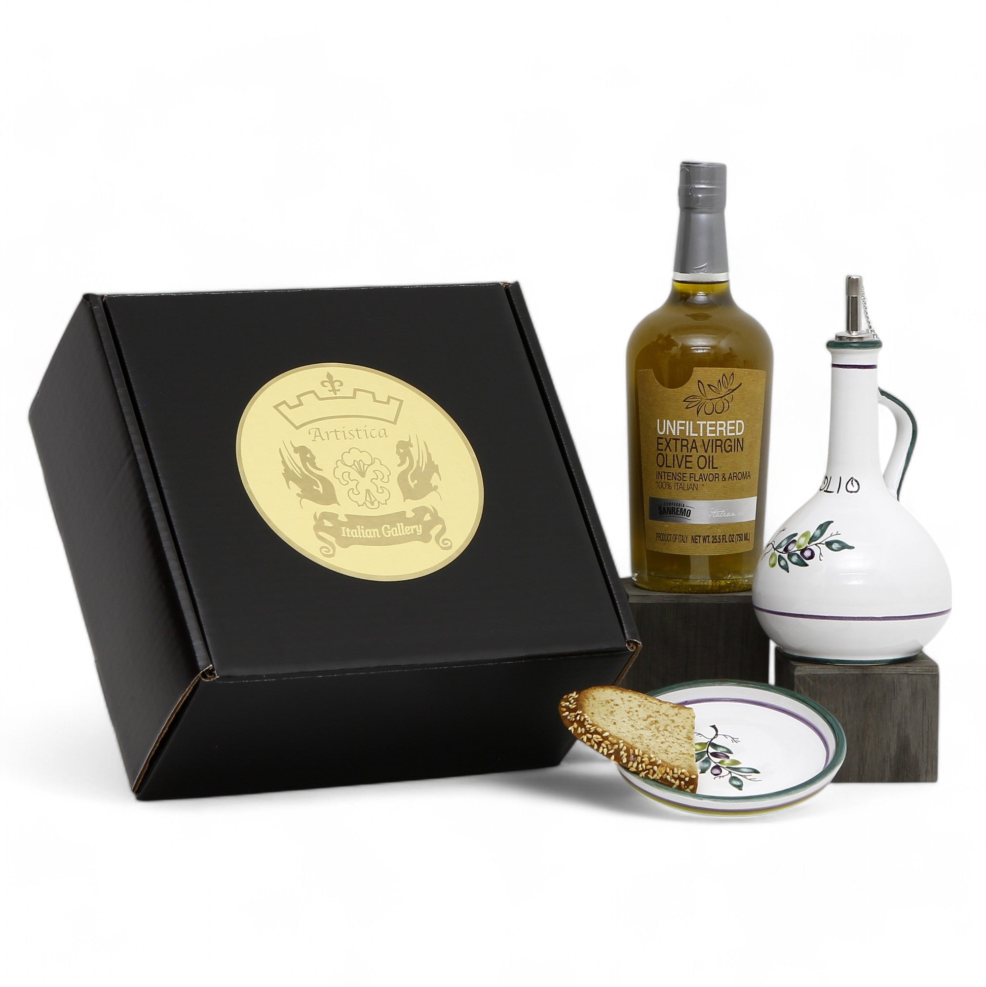 GIFT BOX: With Deruta Olive Oil Dispenser + Saucer/Dipping Bowl + EVOO bottle - OLIVE design