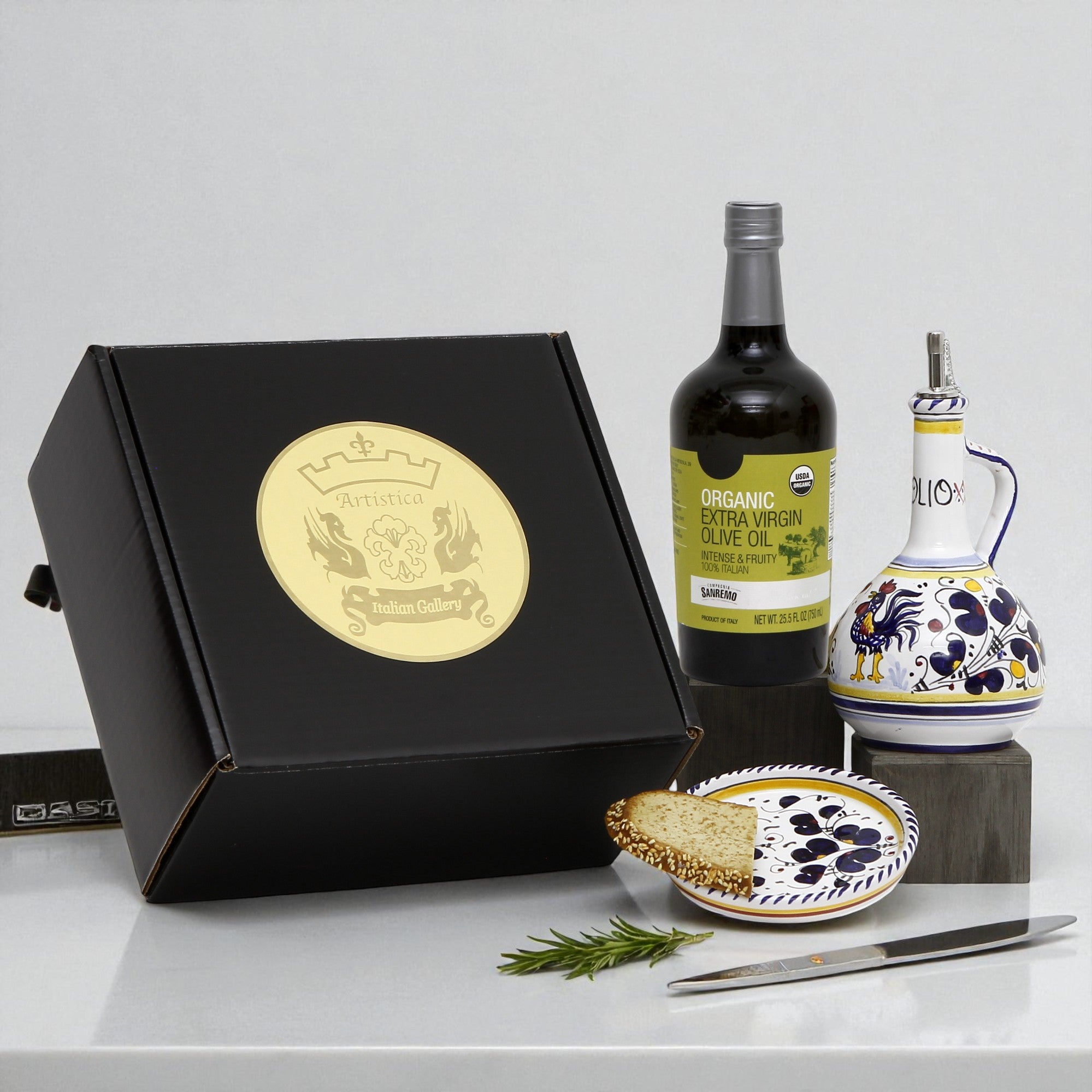 GIFT BOX: With Deruta Olive Oil Dispenser + Saucer/Dipping Bowl + EVOO bottle - BLUE ROOSTER design